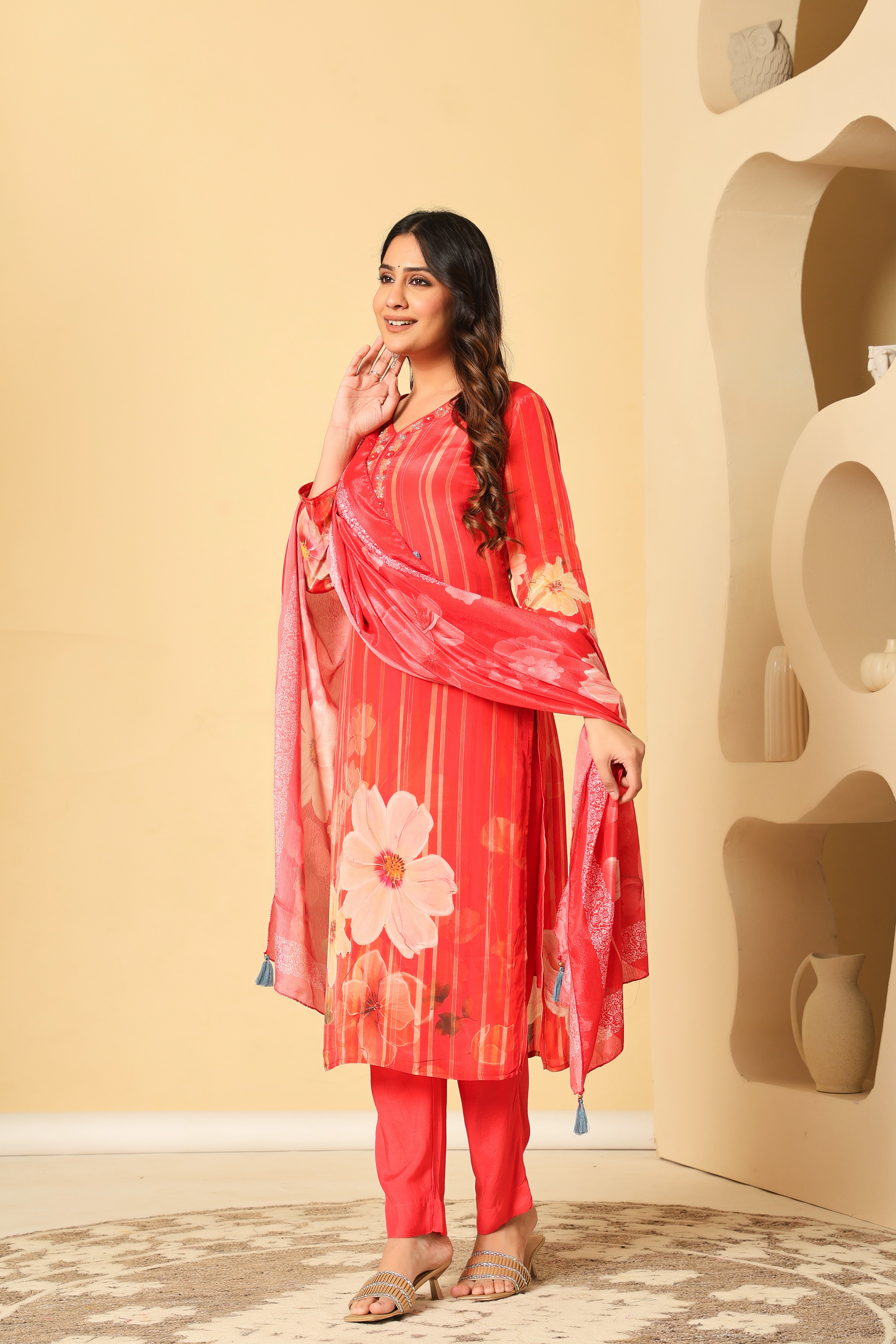 Elegant Red Floral Kurta Set with Embroidered Neckline