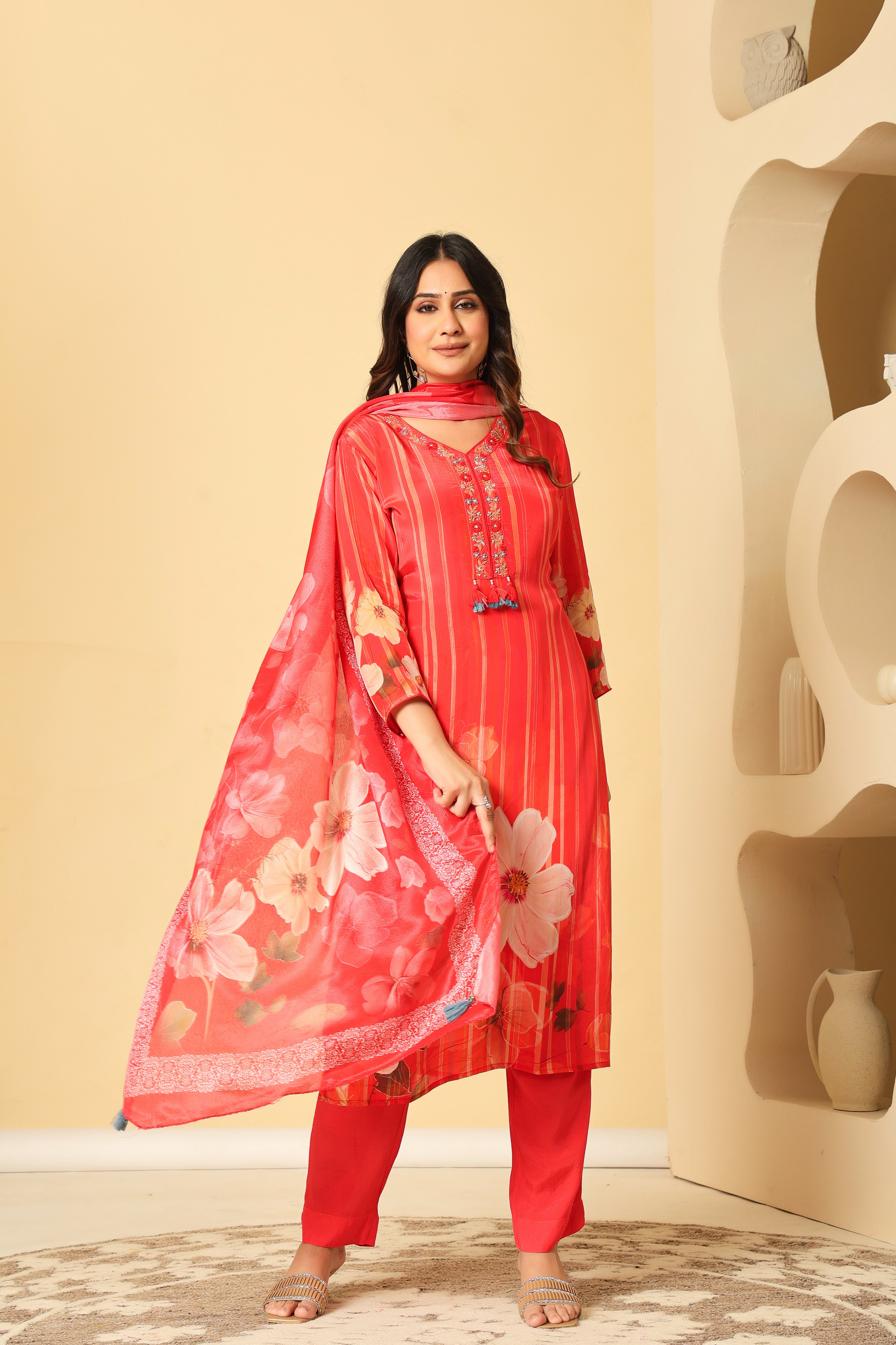Elegant Red Floral Kurta Set with Embroidered Neckline
