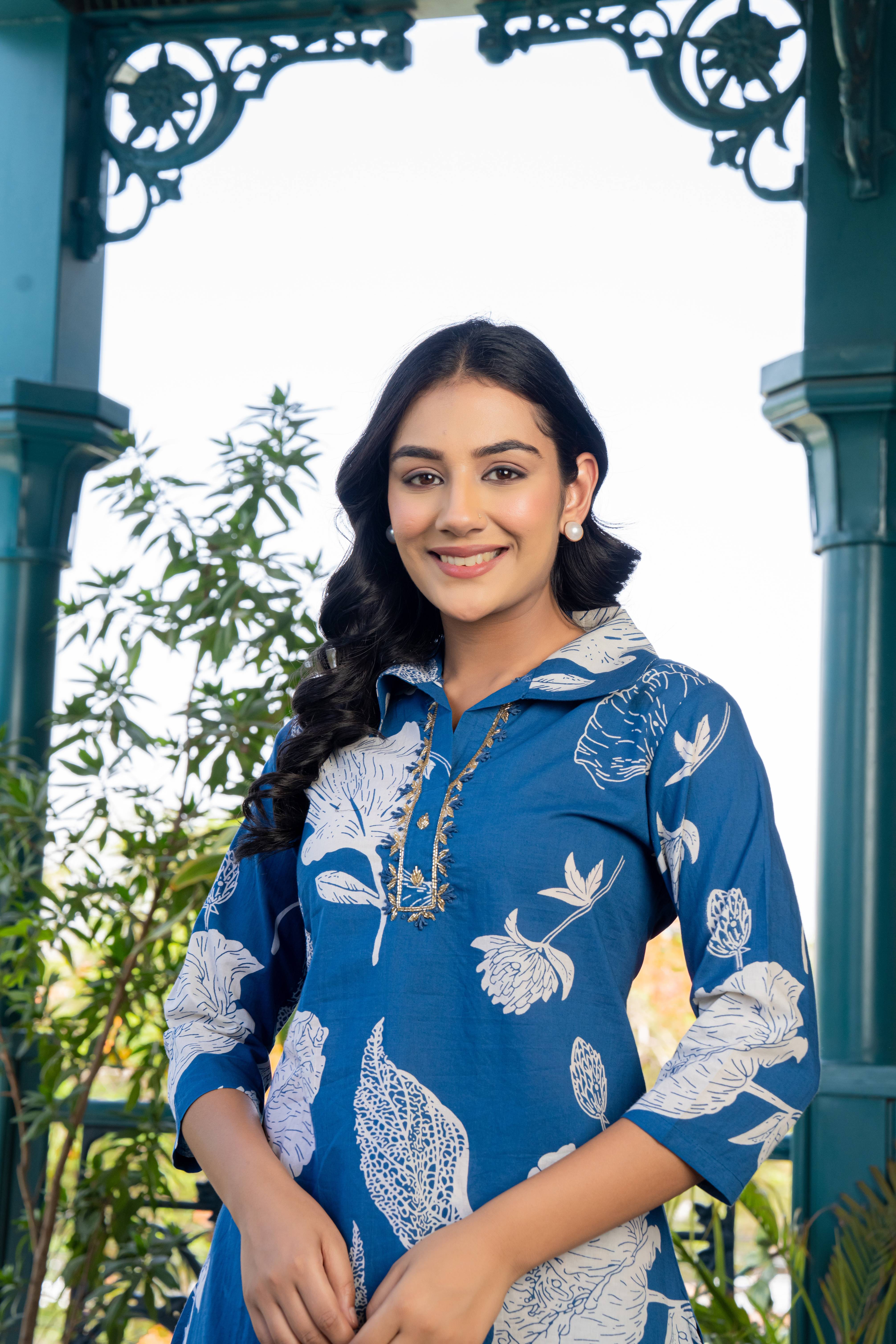 Blue Pure Cotton Co-Ord Set With Beautiful Adda Work