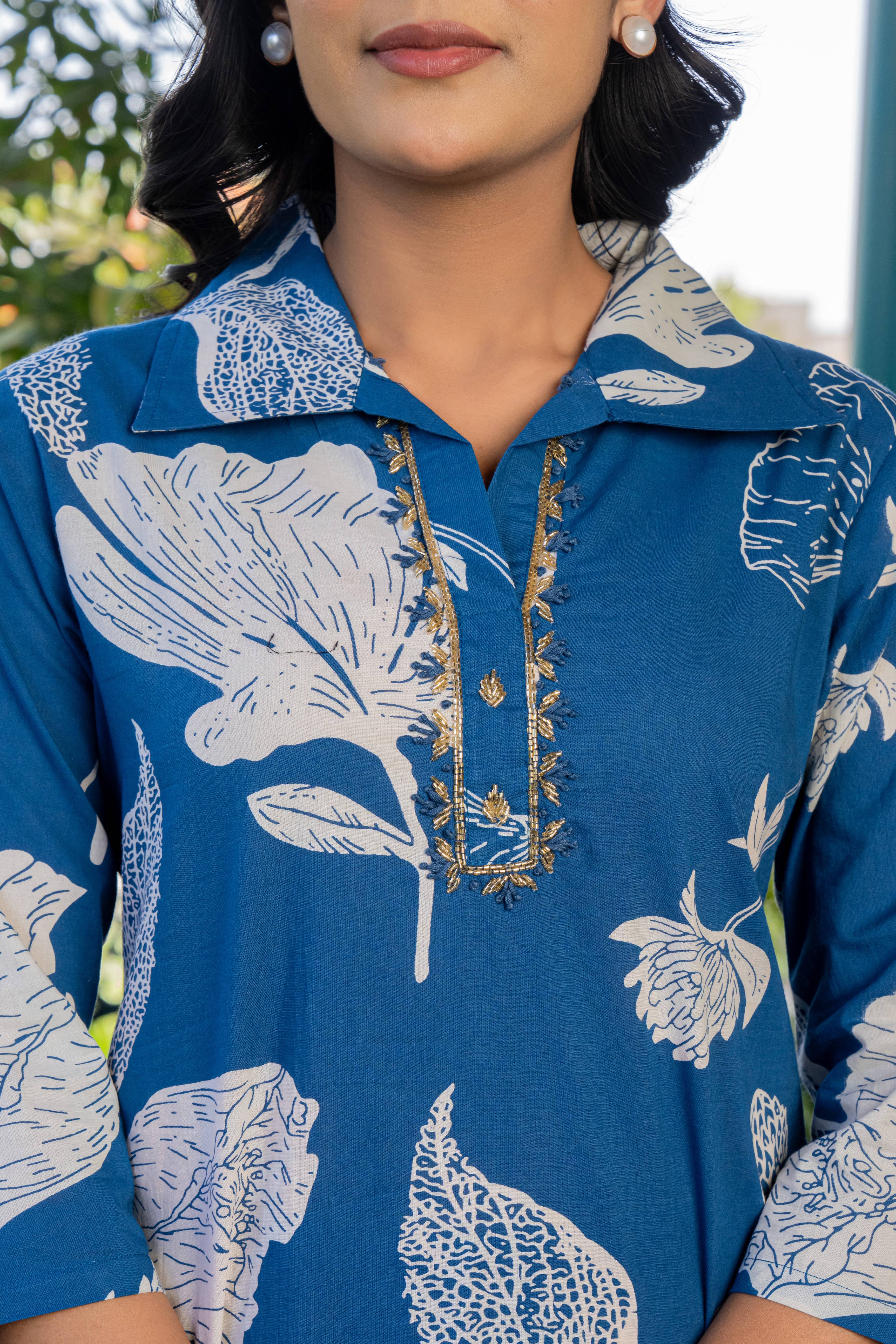 Blue Pure Cotton Co-Ord Set With Beautiful Adda Work