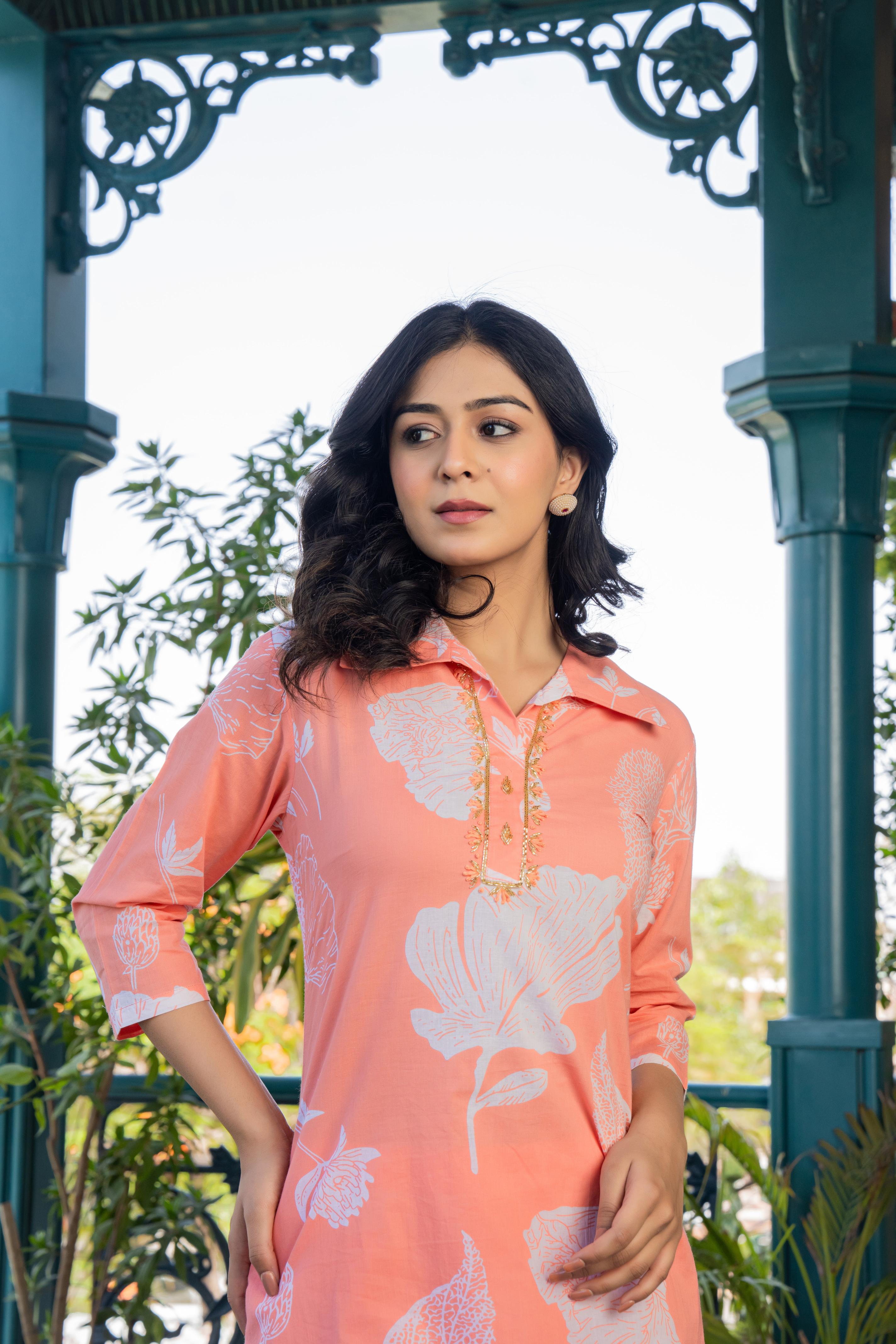 Peach Pure Cotton Co-Ord Set With Beautiful Adda Work