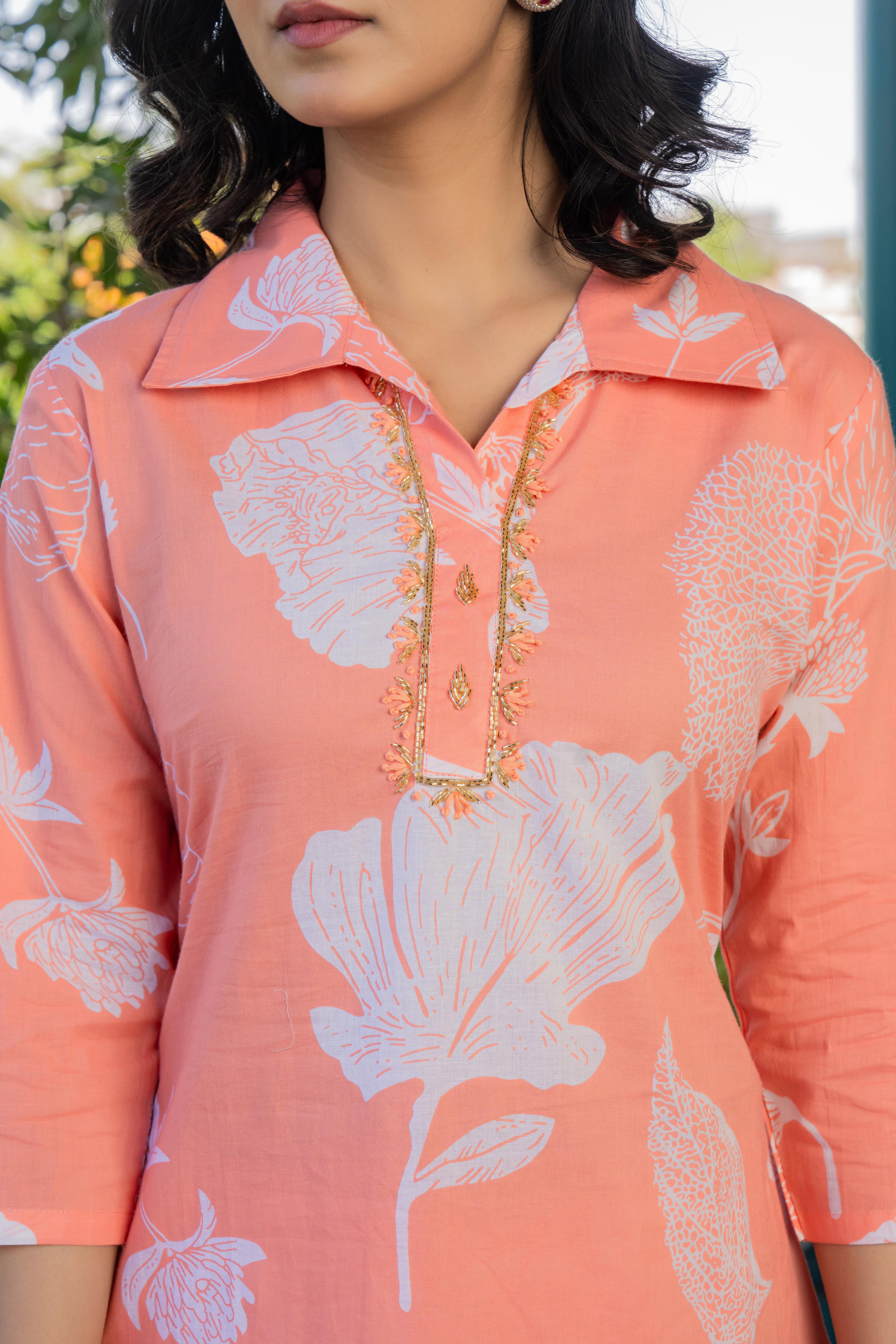 Peach Pure Cotton Co-Ord Set With Beautiful Adda Work