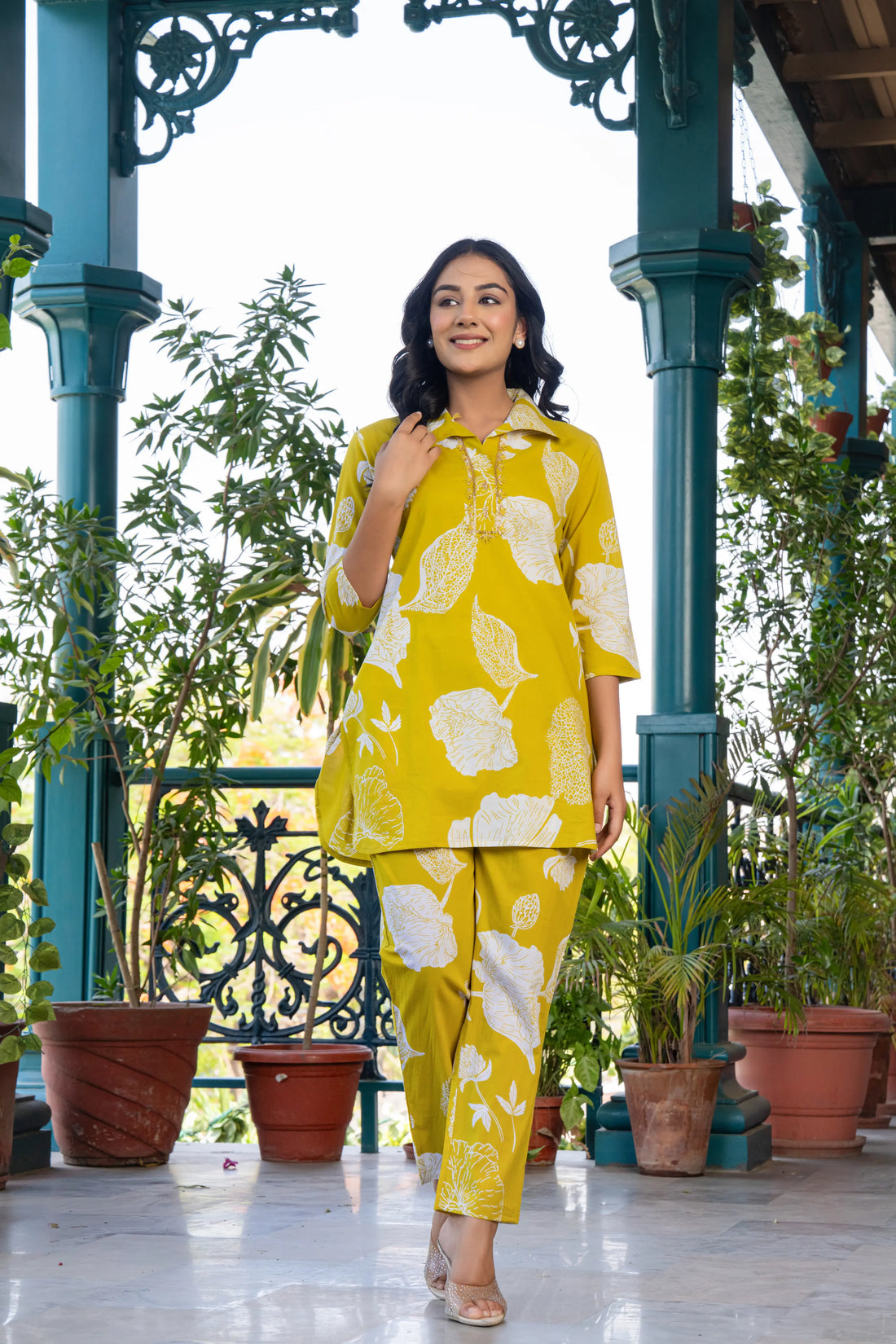 Lemon Pure Cotton Co-Ord Set With Beautiful Adda Work