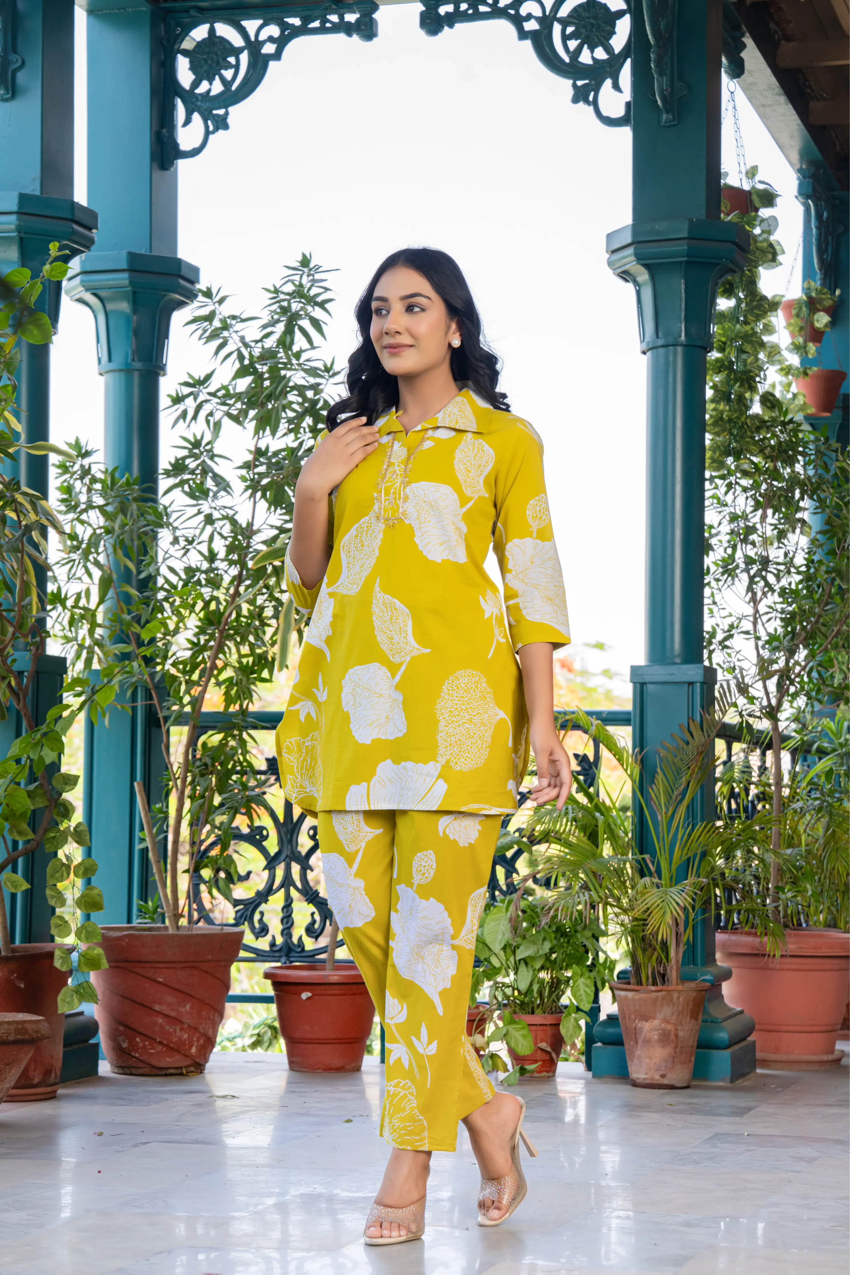 Lemon Pure Cotton Co-Ord Set With Beautiful Adda Work