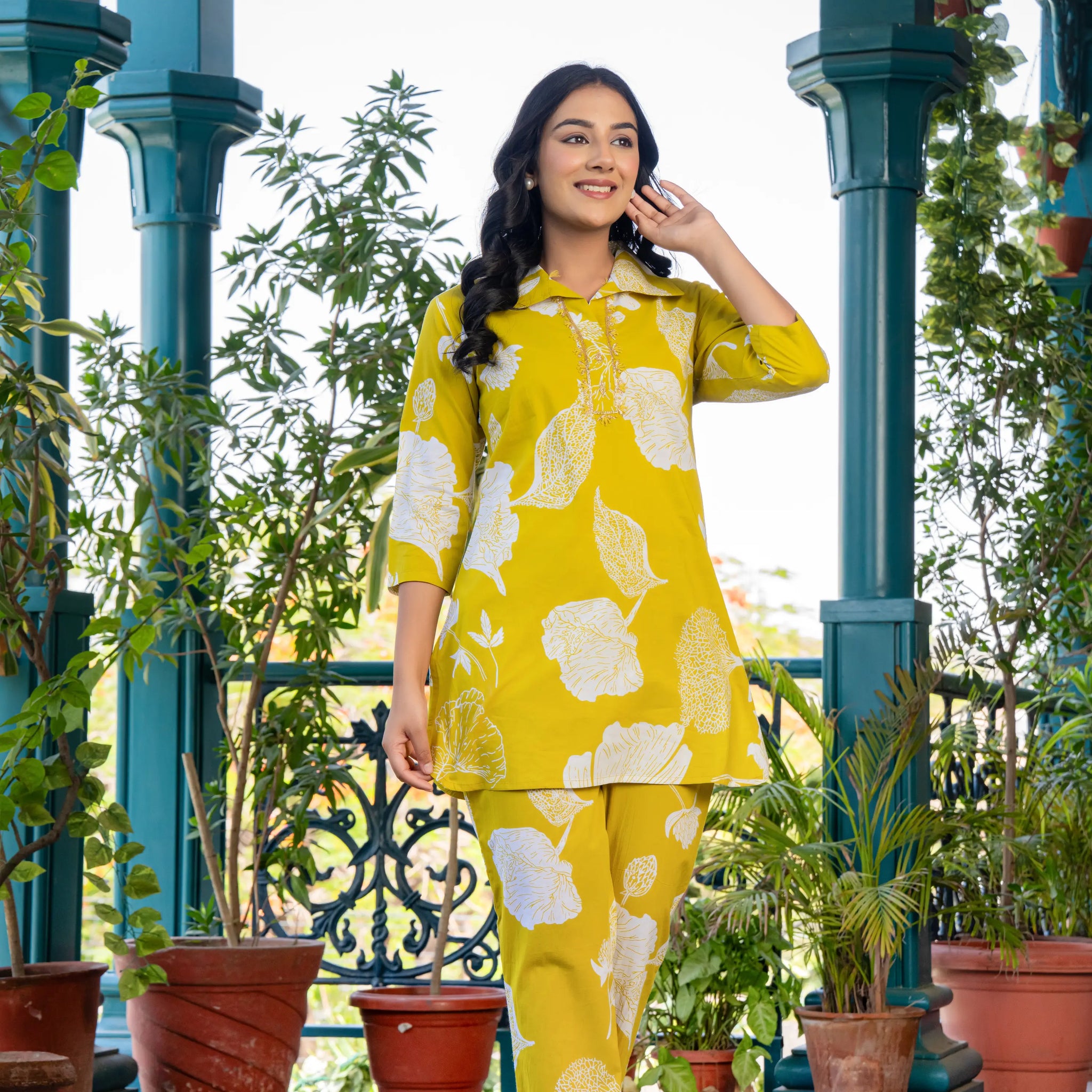 Lemon Pure Cotton Co-Ord Set With Beautiful Adda Work