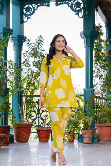 Lemon Pure Cotton Co-Ord Set With Beautiful Adda Work