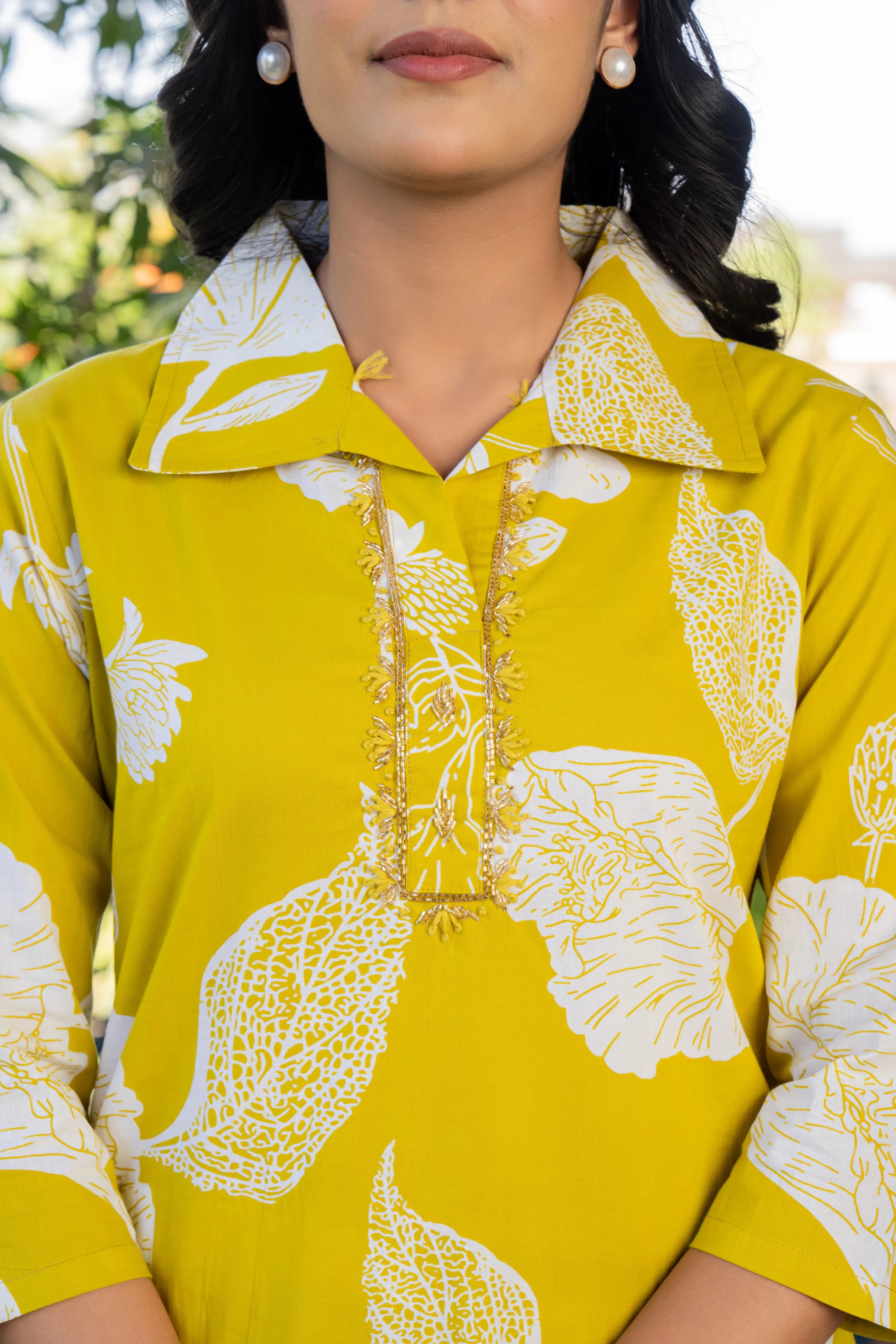 Lemon Pure Cotton Co-Ord Set With Beautiful Adda Work