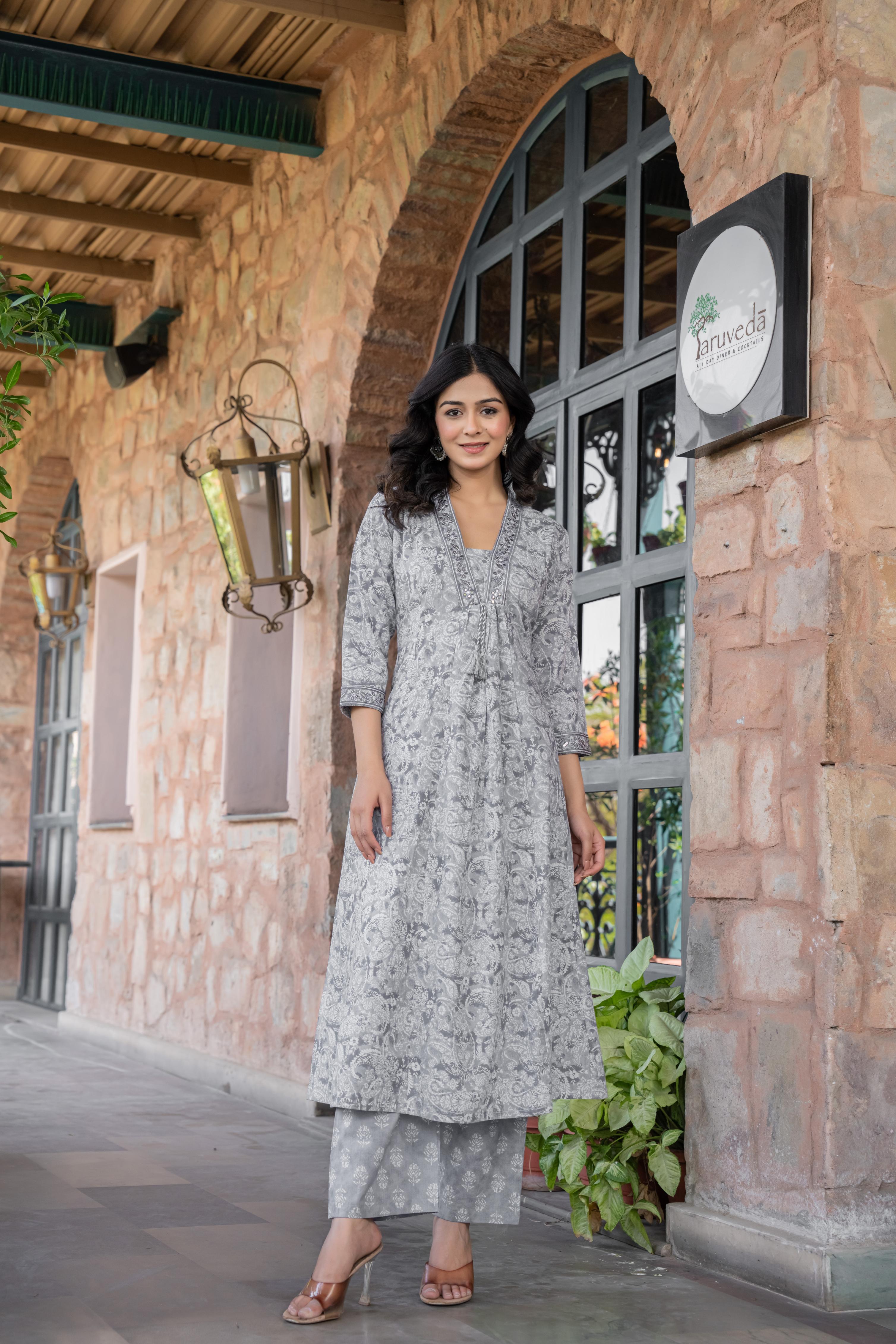Noorita Grey :- Women's Cotton Kurta Set with Dupatta | Embroidered Neckline & Printed Design