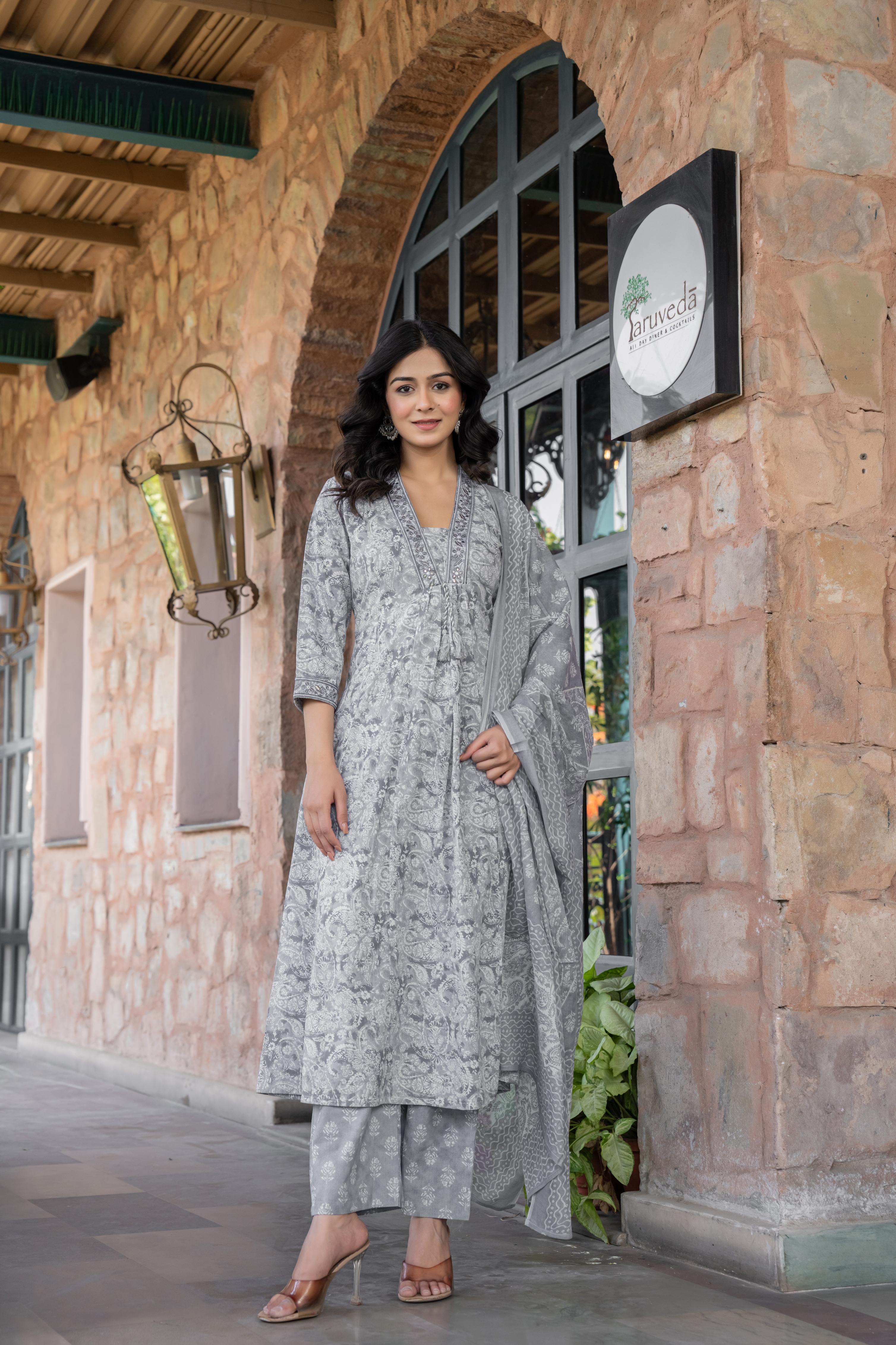 Noorita Grey :- Women's Cotton Kurta Set with Dupatta | Embroidered Neckline & Printed Design