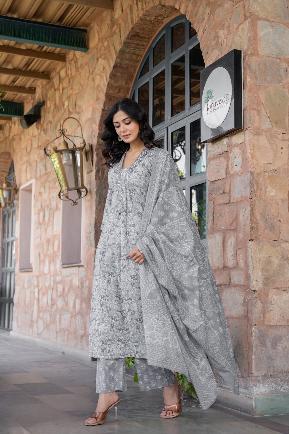 Noorita Grey :- Women's Cotton Kurta Set with Dupatta | Embroidered Neckline & Printed Design