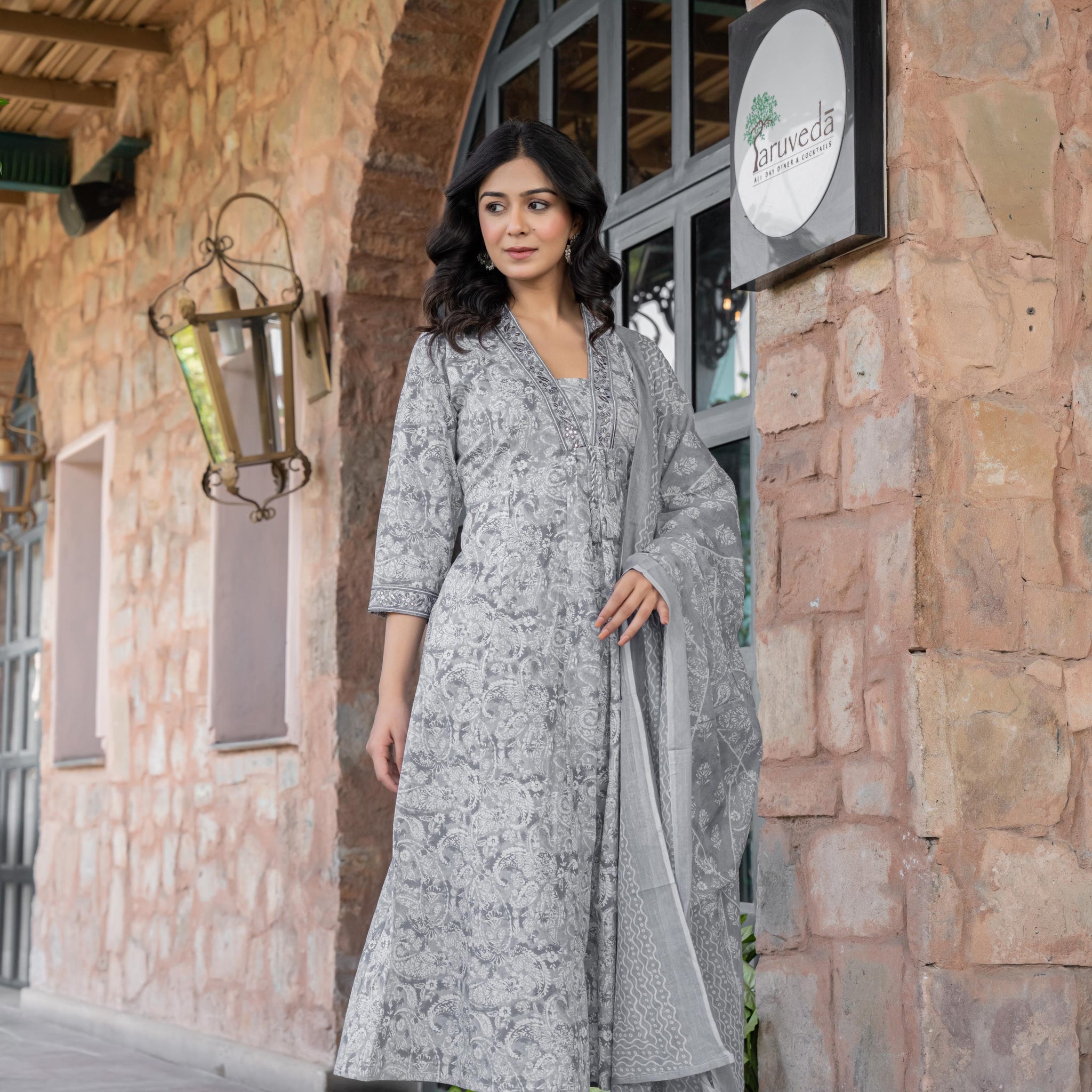 Noorita Grey :- Women's Cotton Kurta Set with Dupatta | Embroidered Neckline & Printed Design