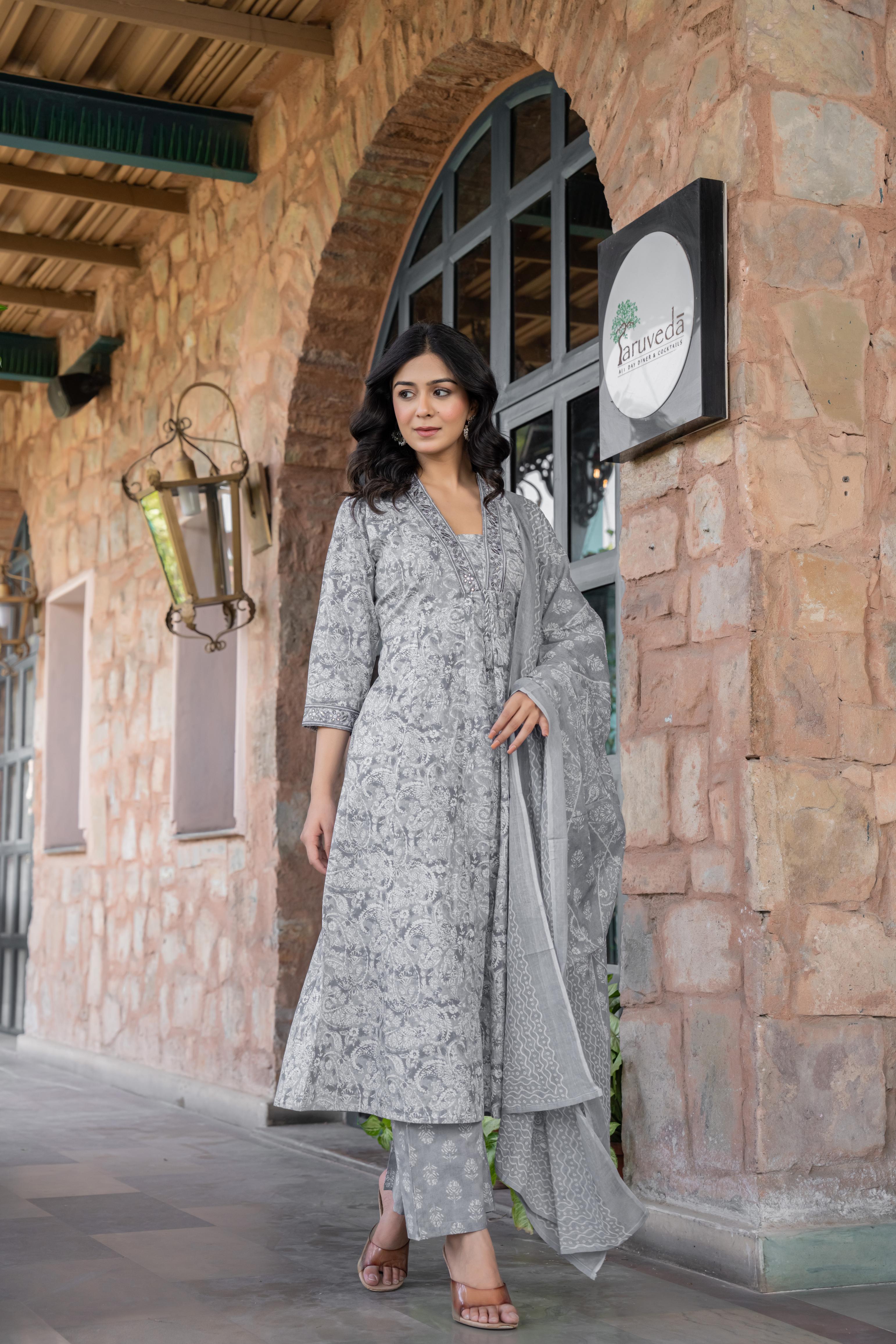 Noorita Grey :- Women's Cotton Kurta Set with Dupatta | Embroidered Neckline & Printed Design