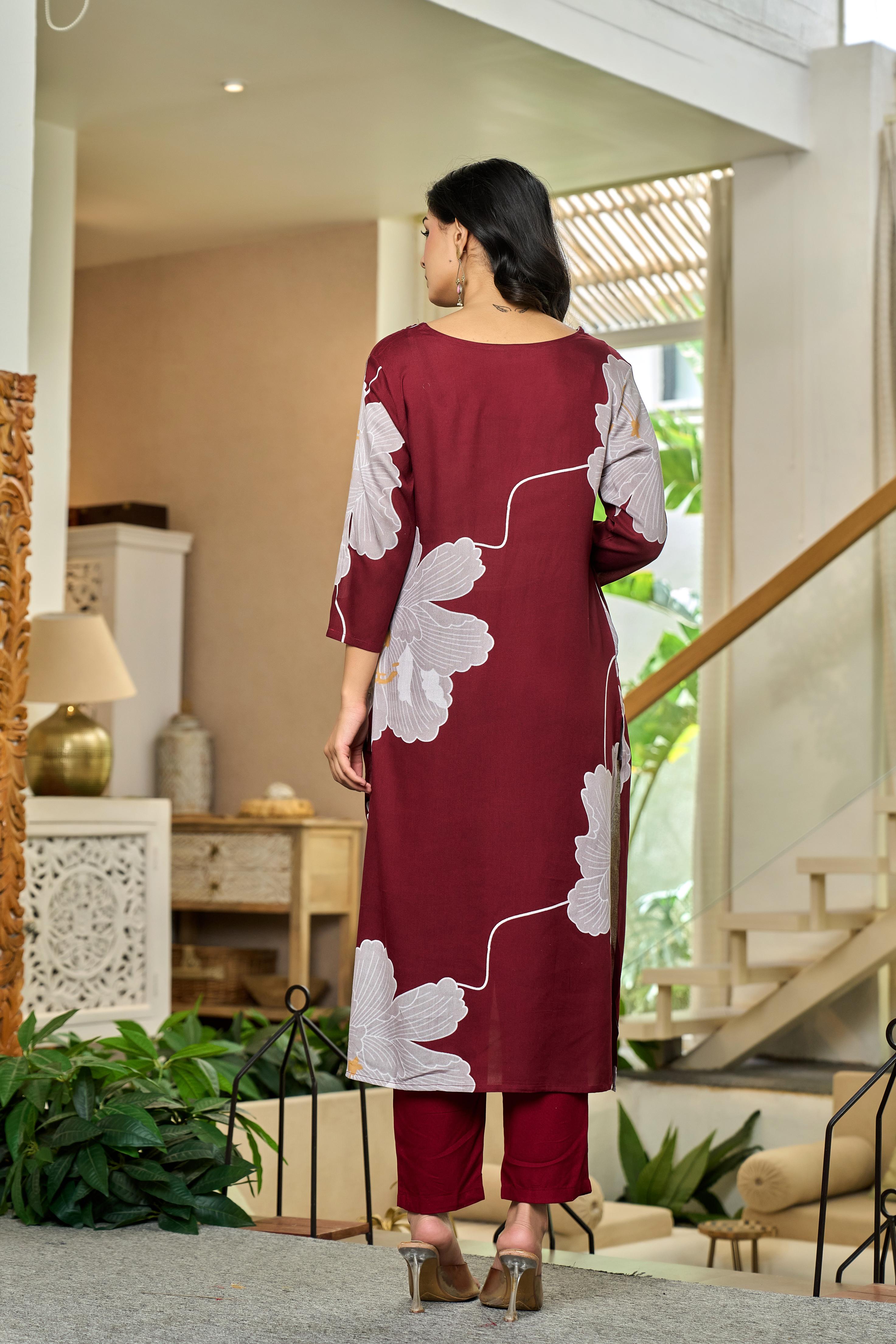 Maroon Blossom Elegance Cotton Kurta Set
