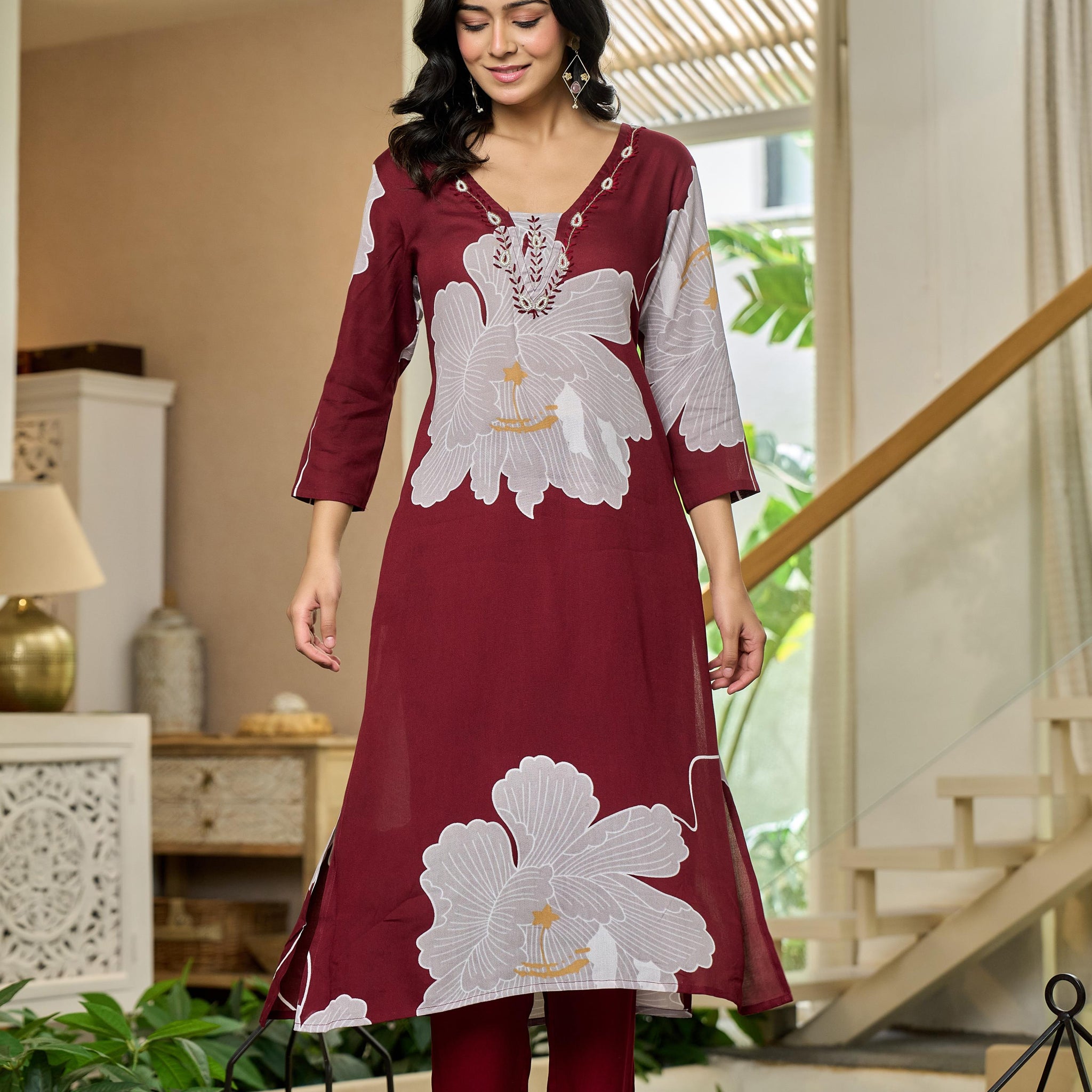 Maroon Blossom Elegance Cotton Kurta Set