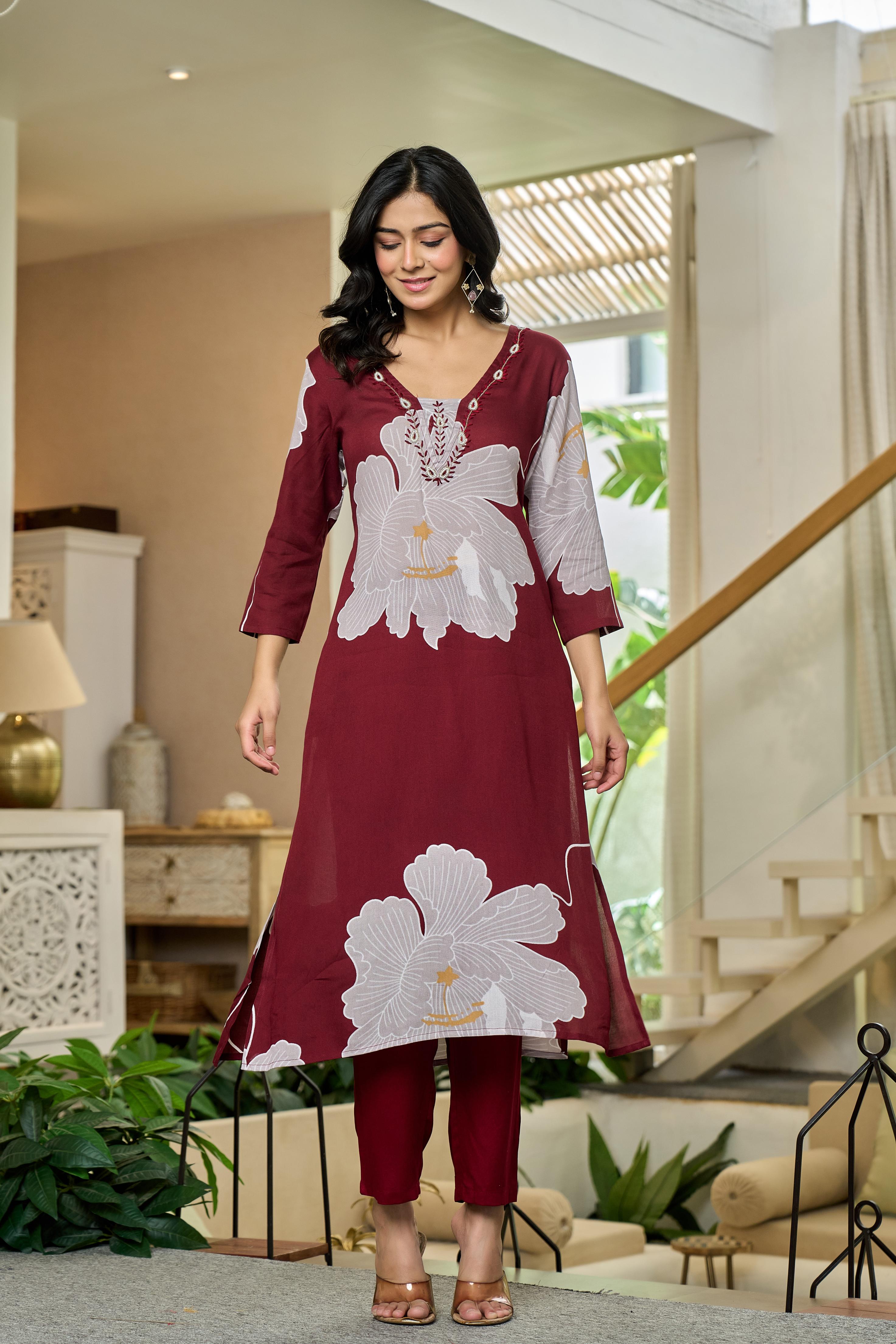 Maroon Blossom Elegance Cotton Kurta Set