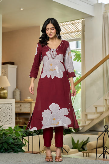 Maroon Blossom Elegance Cotton Kurta Set