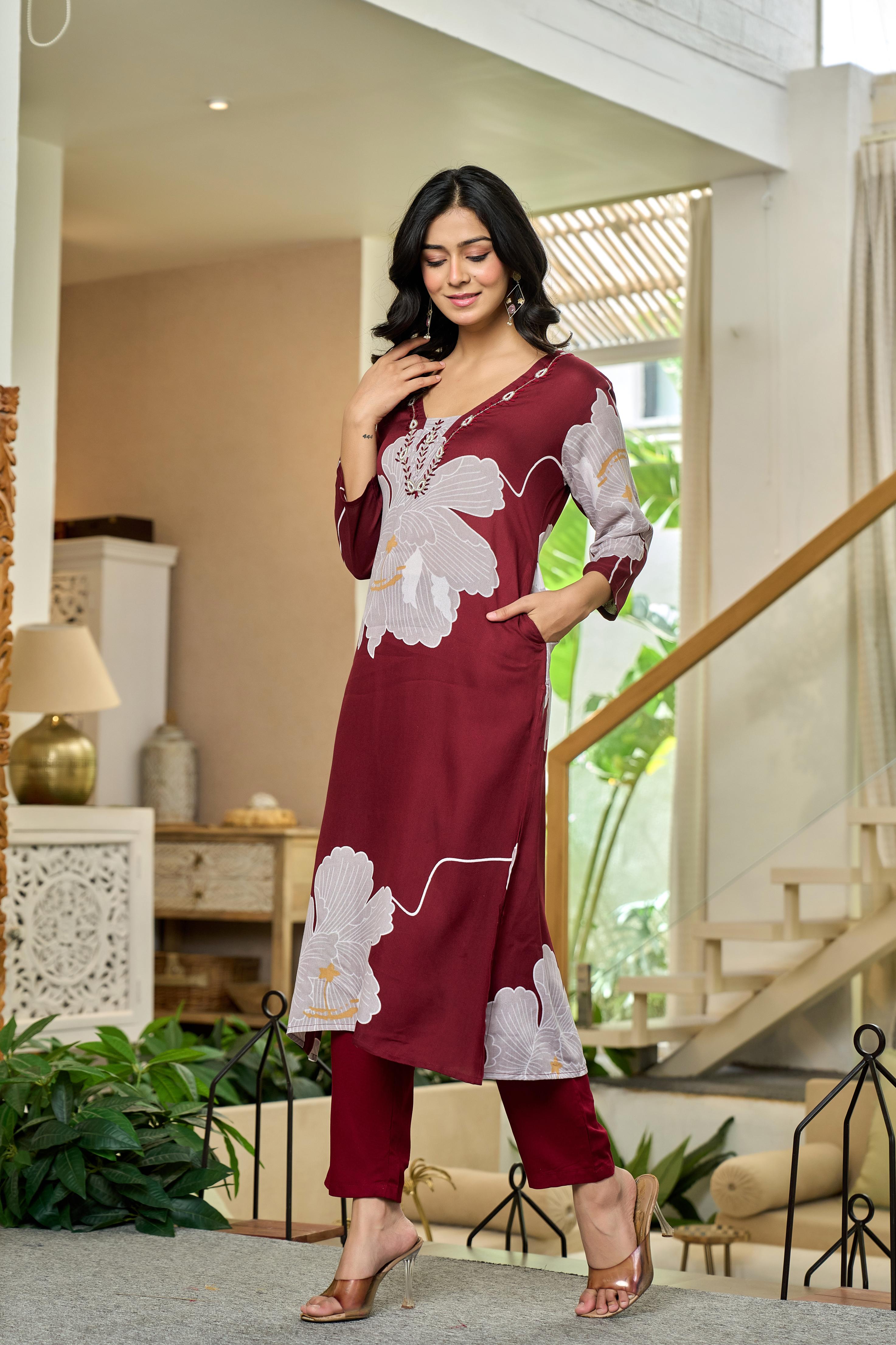Maroon Blossom Elegance Cotton Kurta Set