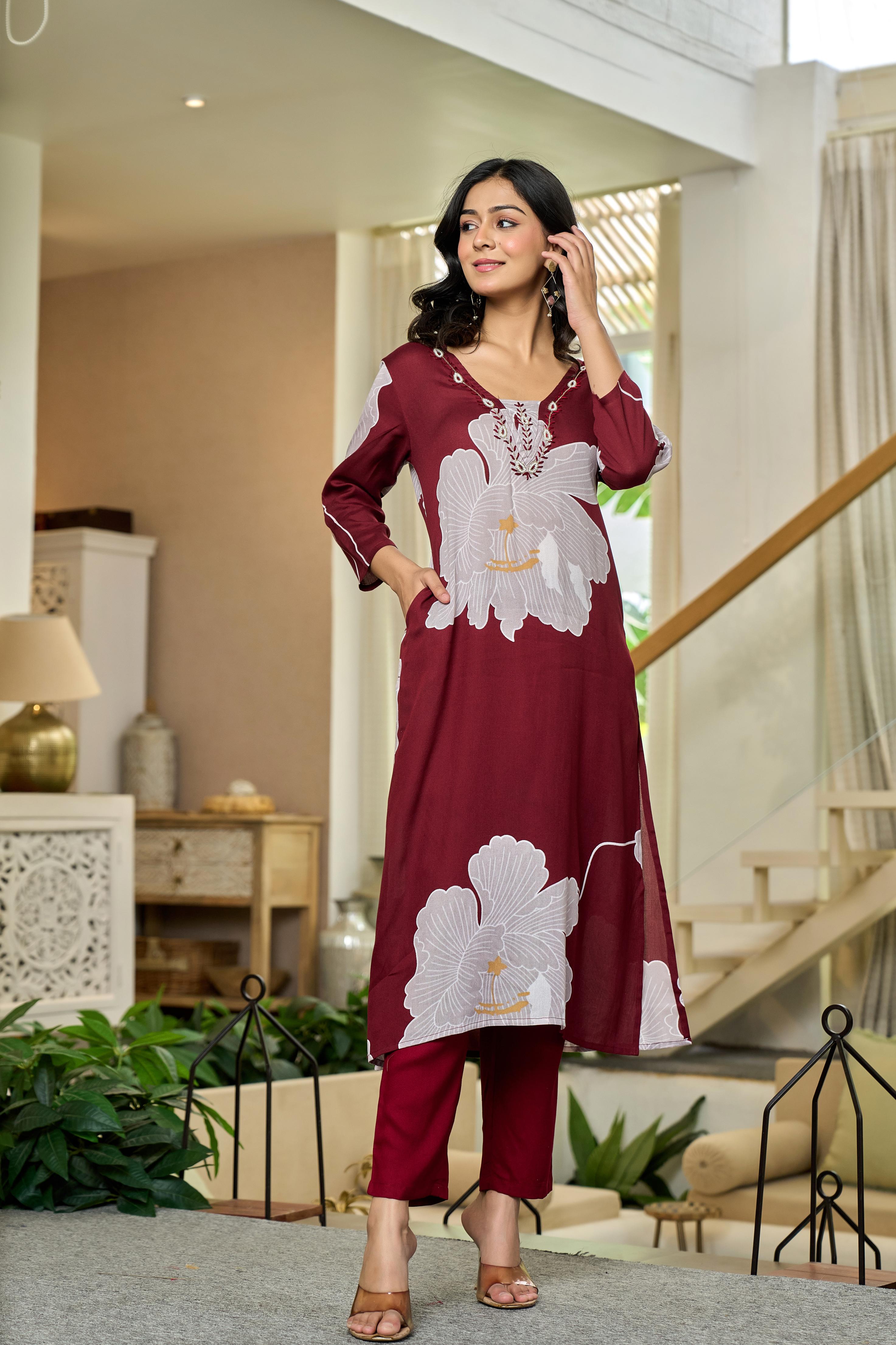 Maroon Blossom Elegance Cotton Kurta Set