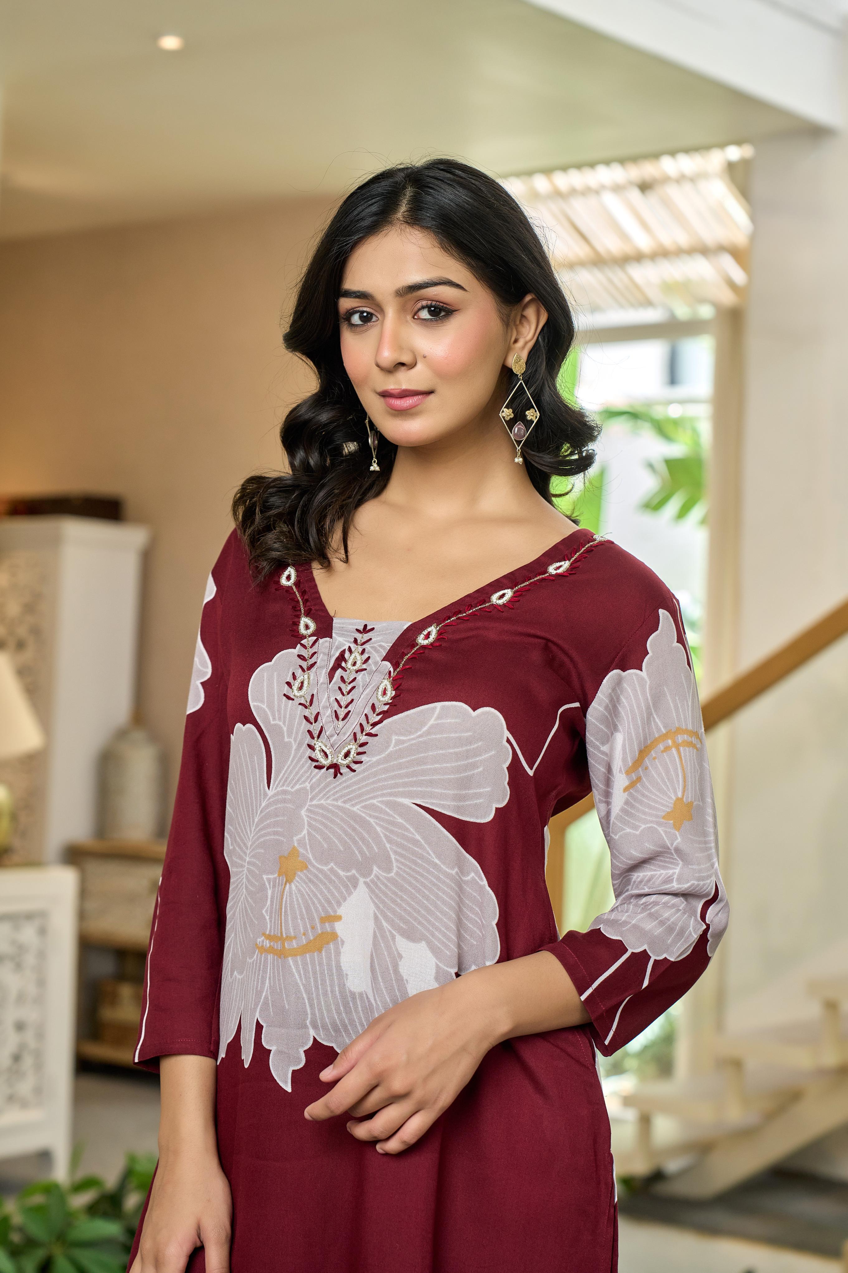 Maroon Blossom Elegance Cotton Kurta Set