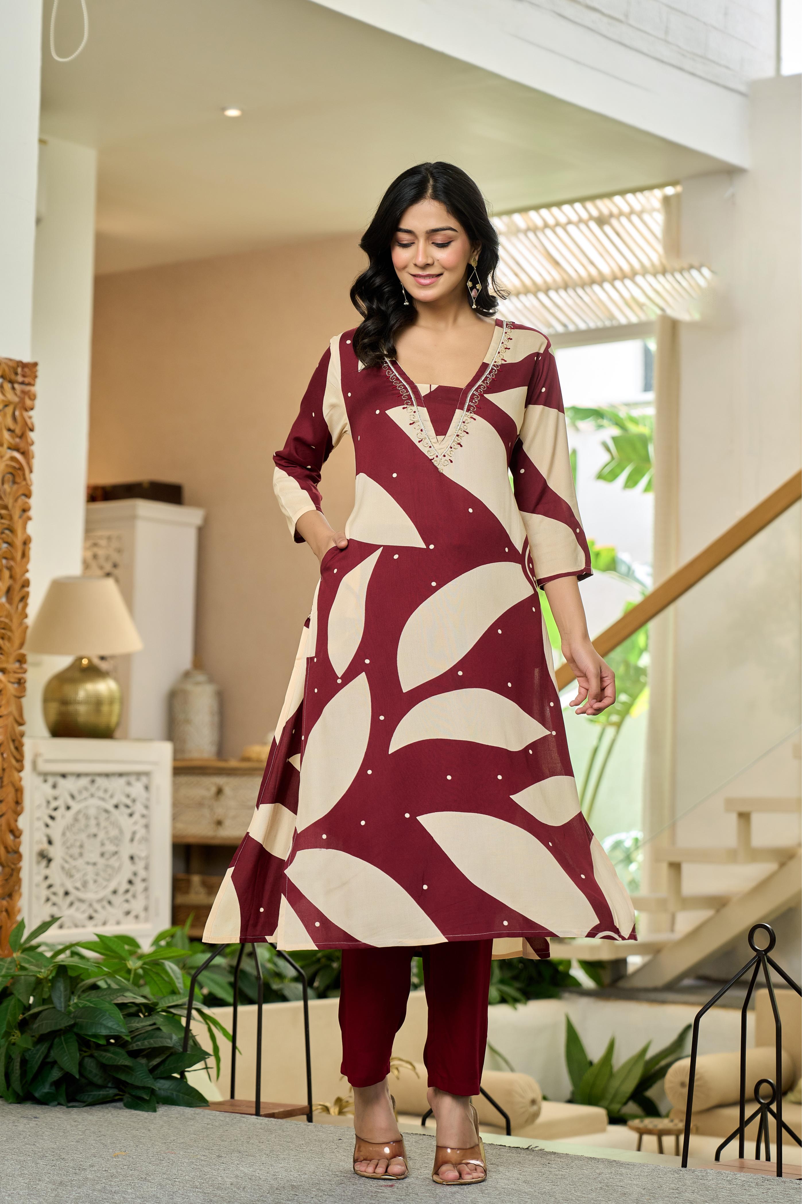 Maroon Leaf Kurta Set