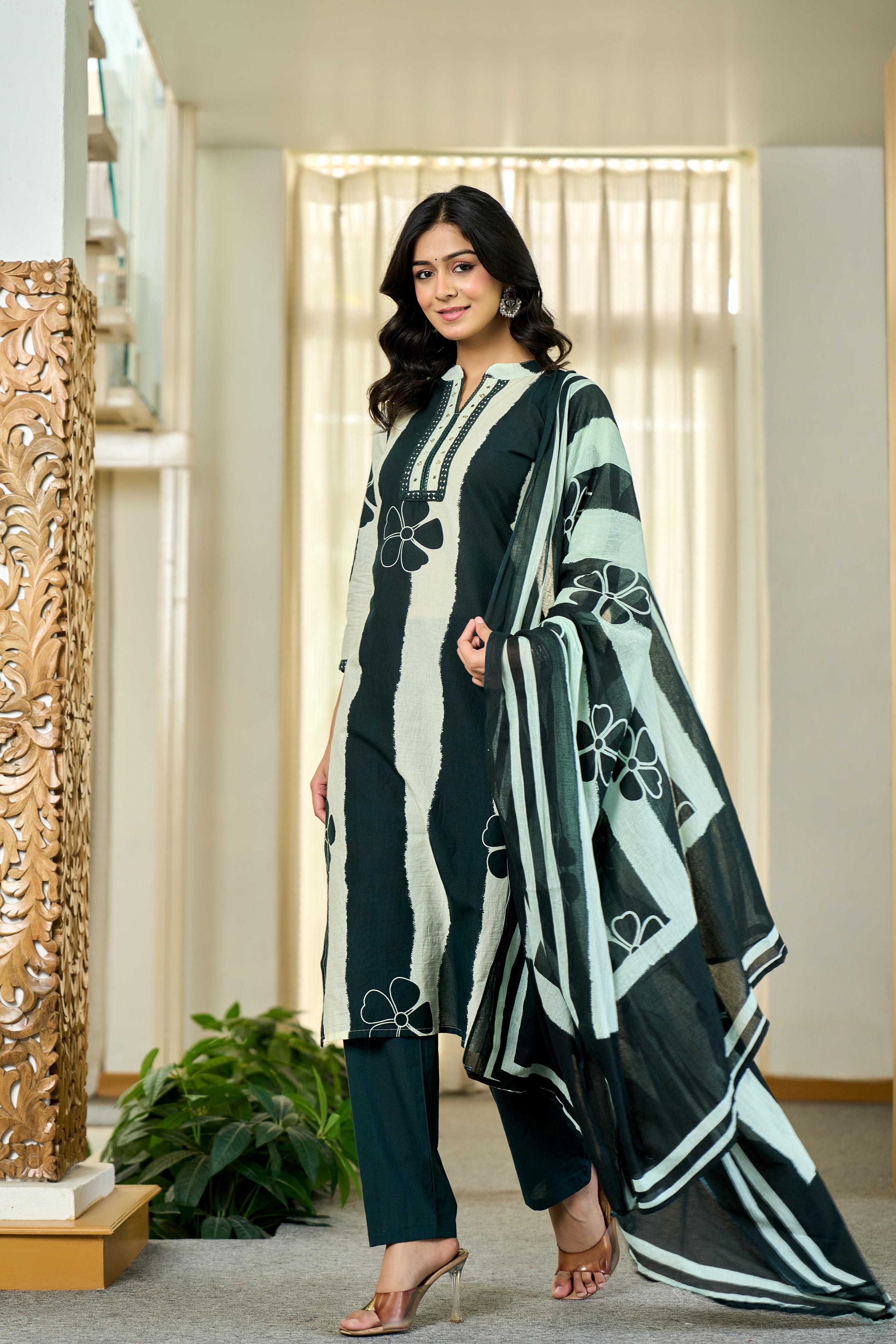 Emerald Floral Stripes