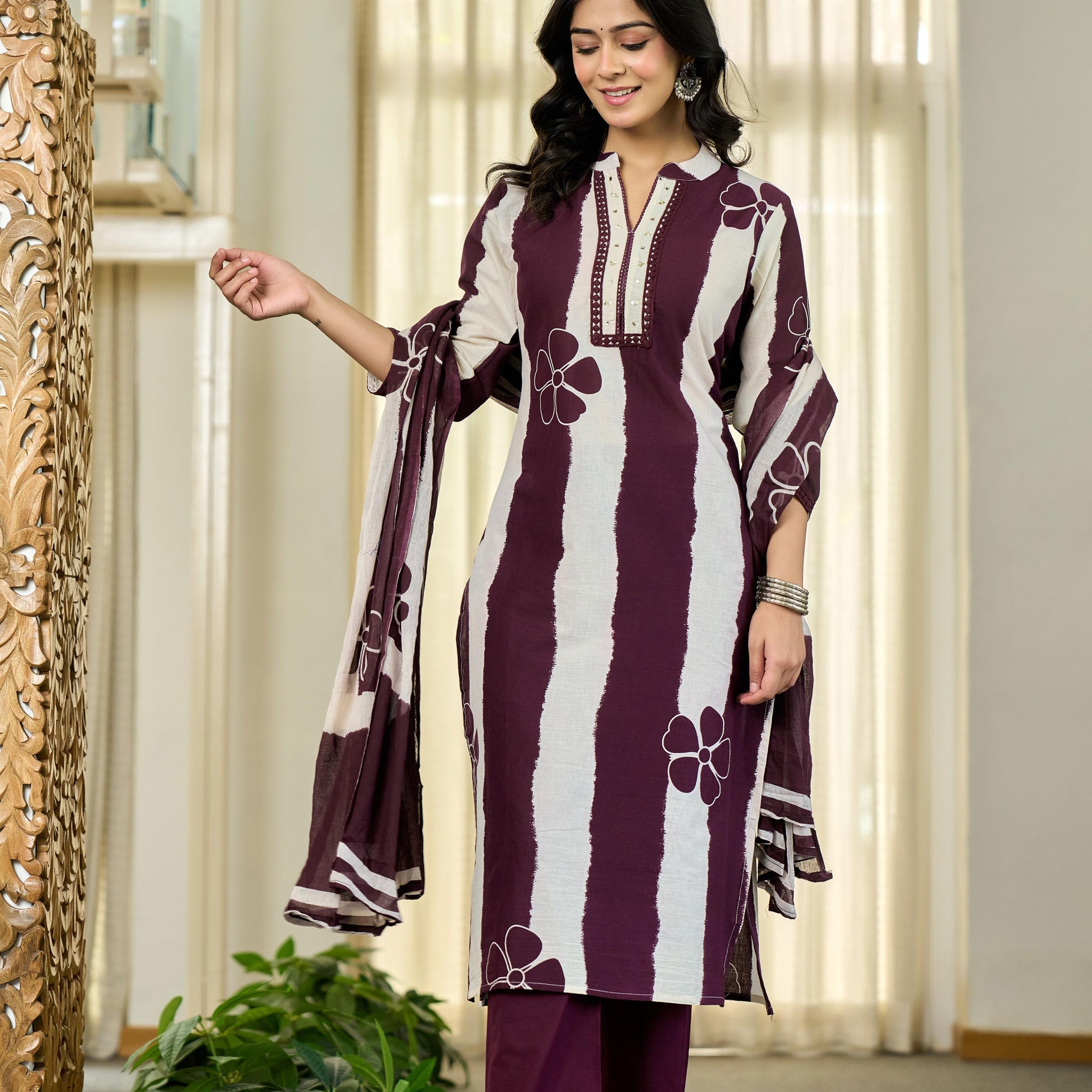 Maroon Floral Stripe