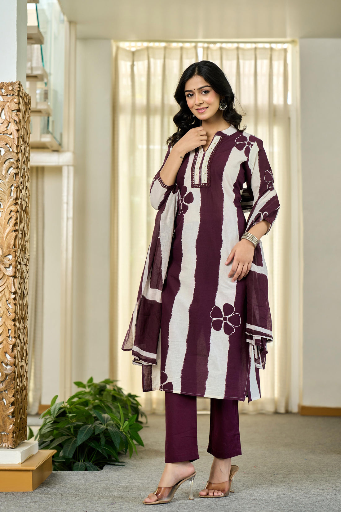 Maroon Floral Stripe