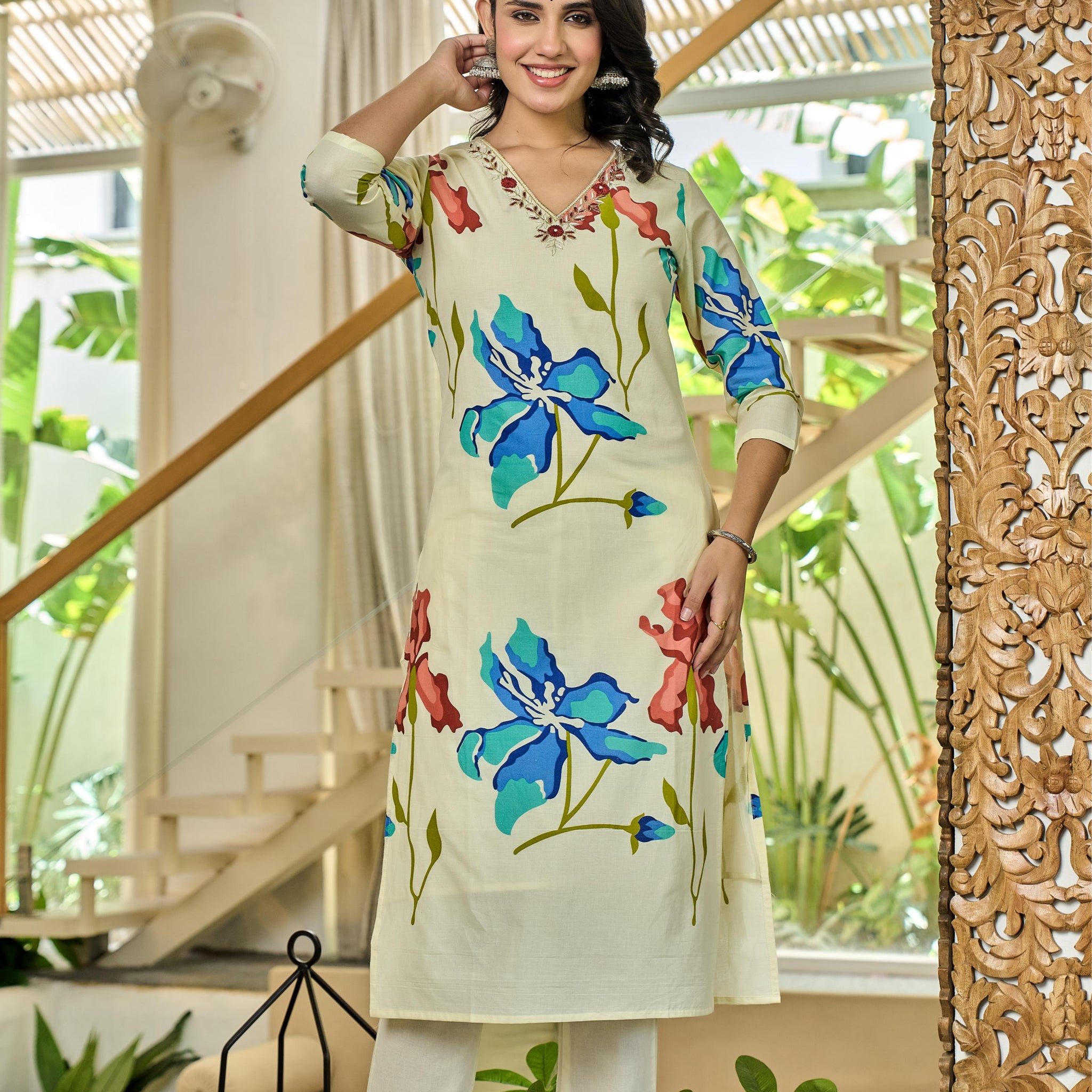 Coralique – Pure Cotton Kurta Set with ADDA Work