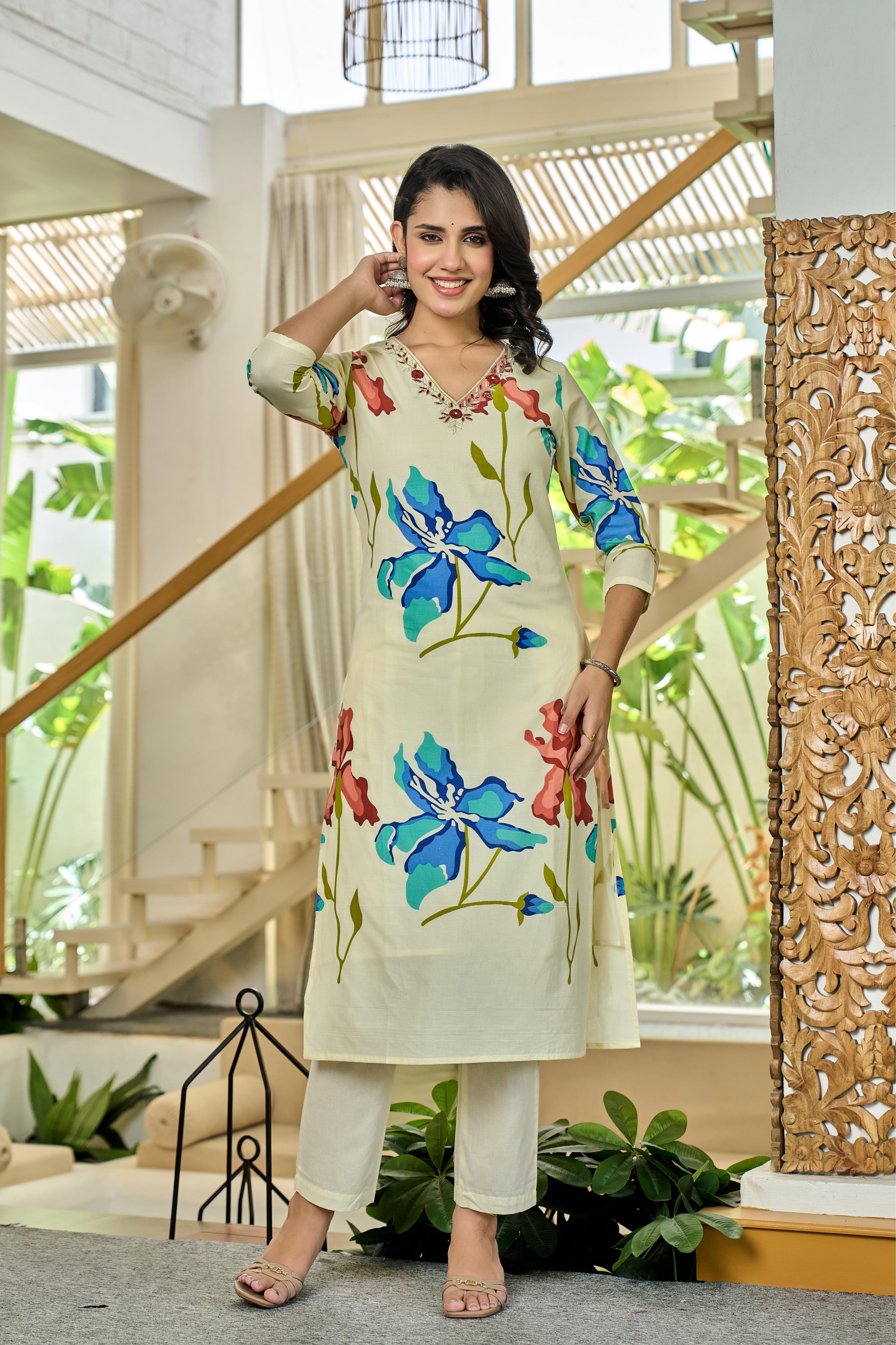 Coralique – Pure Cotton Kurta Set with ADDA Work