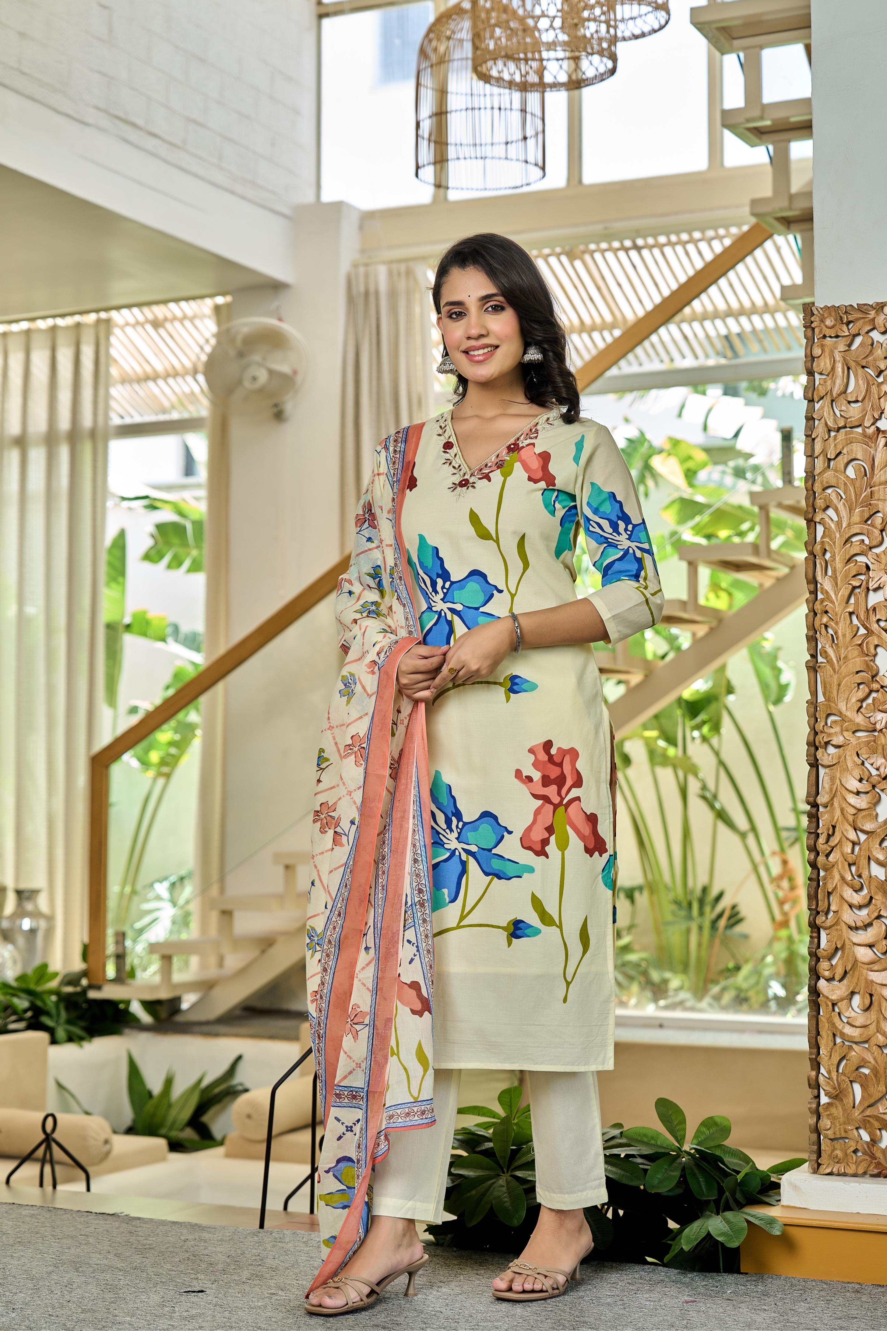 Coralique – Pure Cotton Kurta Set with ADDA Work