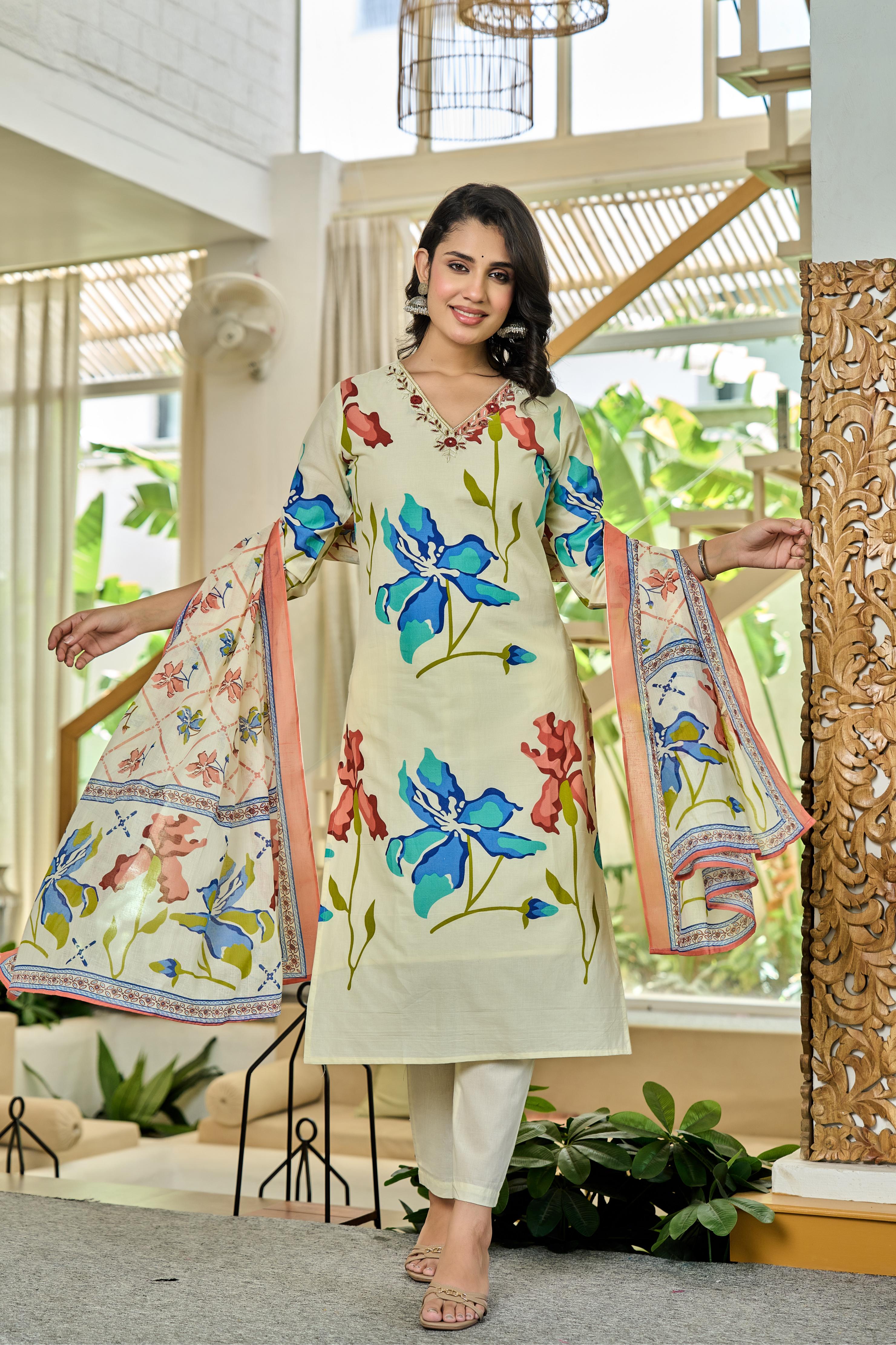 Coralique – Pure Cotton Kurta Set with ADDA Work