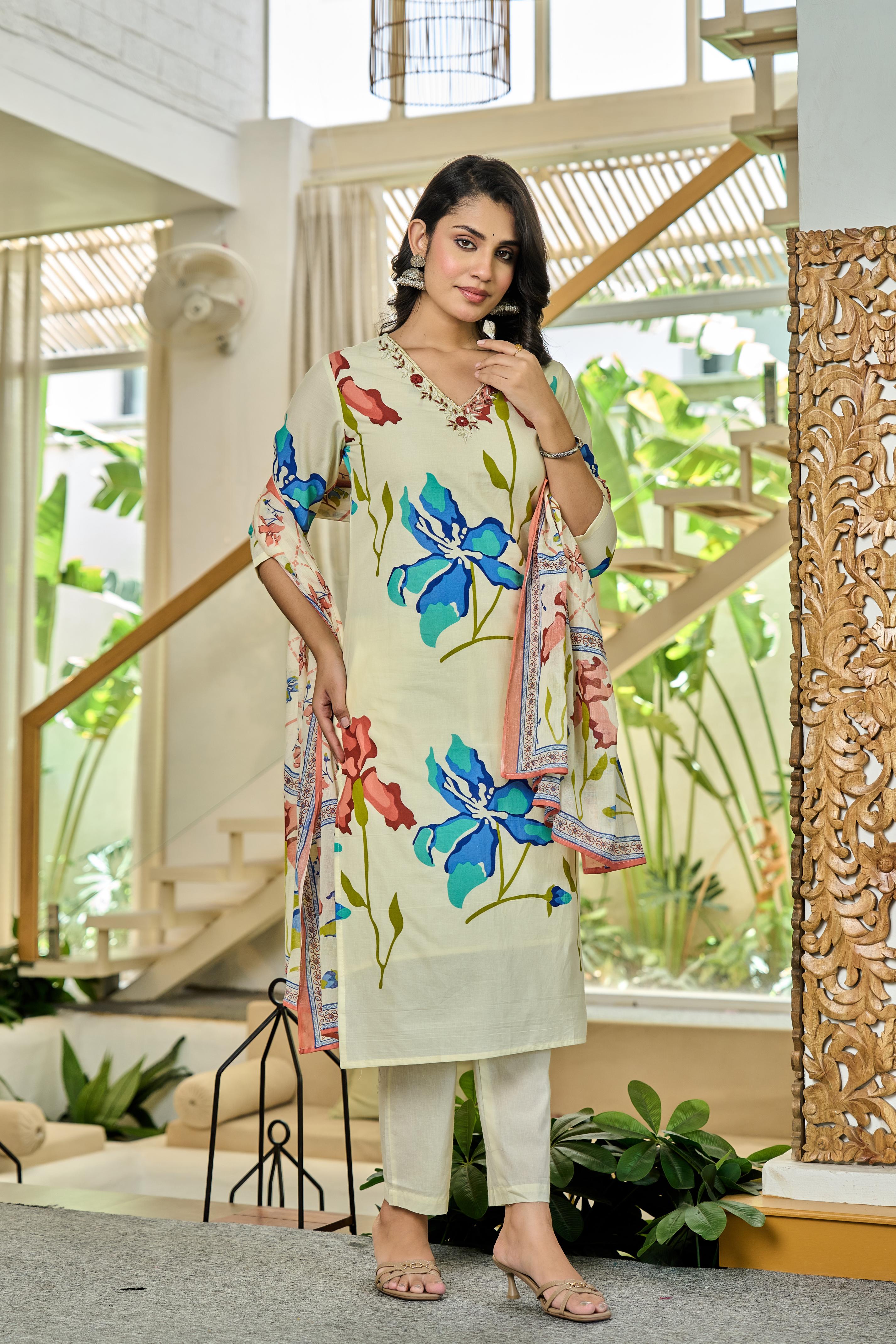 Coralique – Pure Cotton Kurta Set with ADDA Work