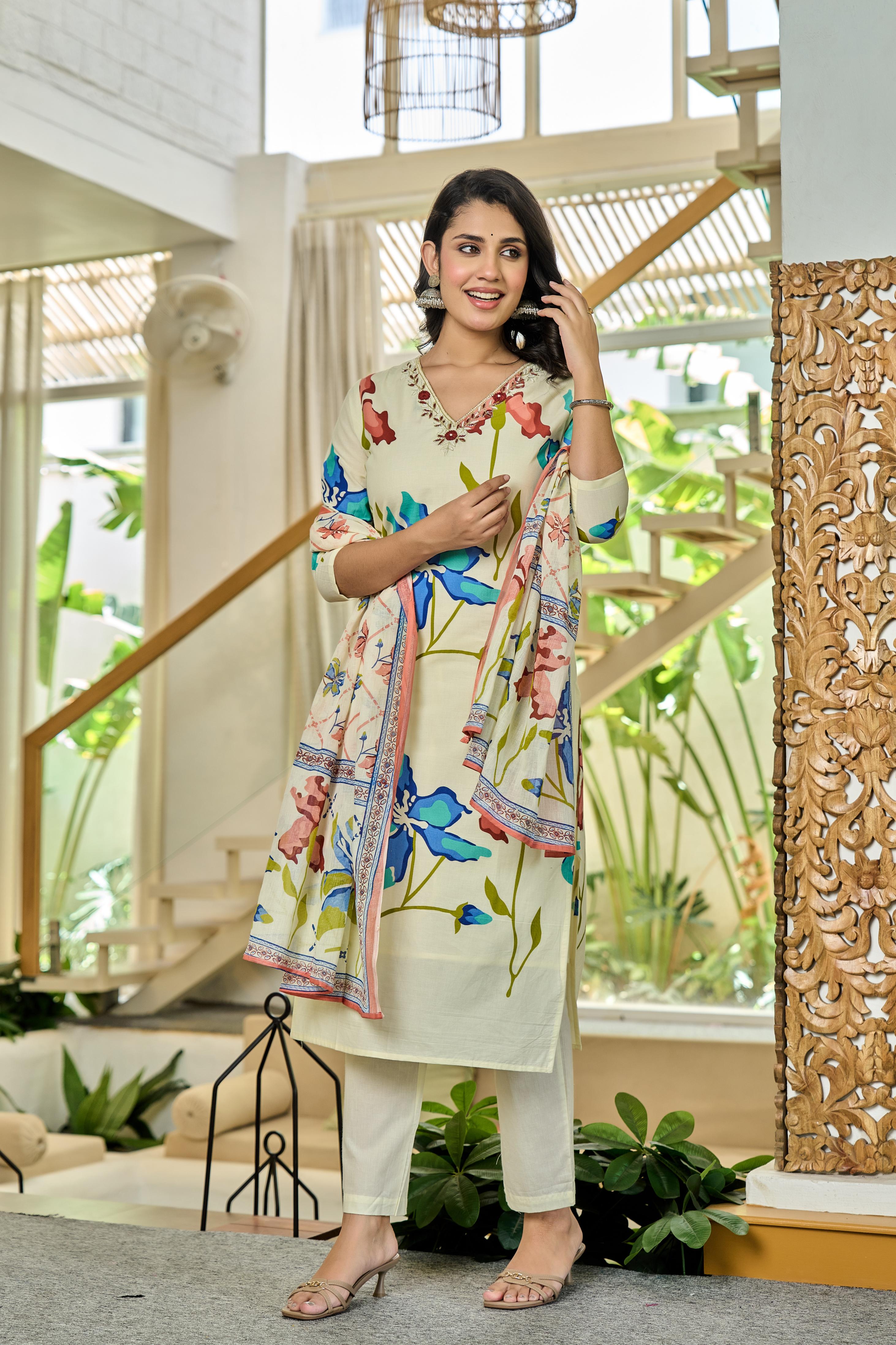 Coralique – Pure Cotton Kurta Set with ADDA Work