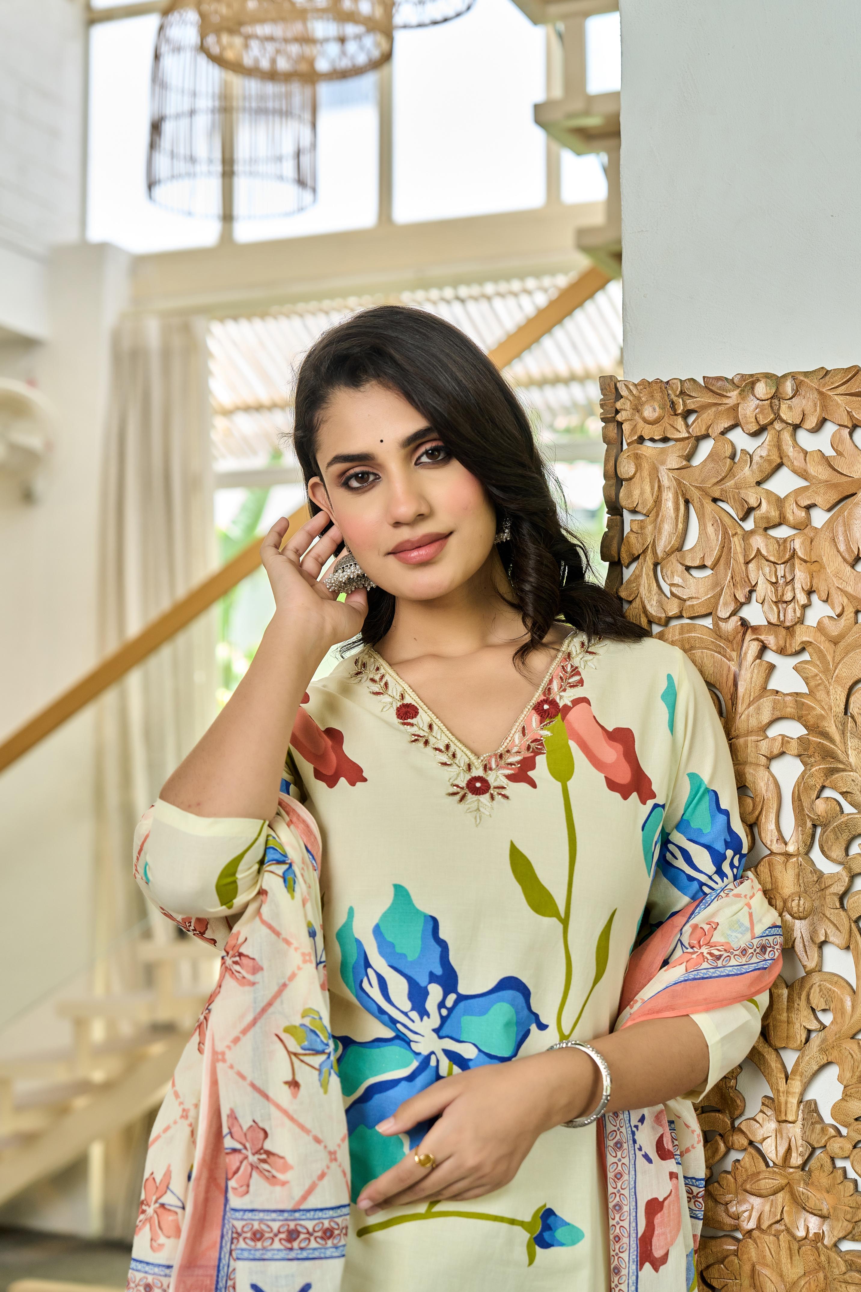 Coralique – Pure Cotton Kurta Set with ADDA Work