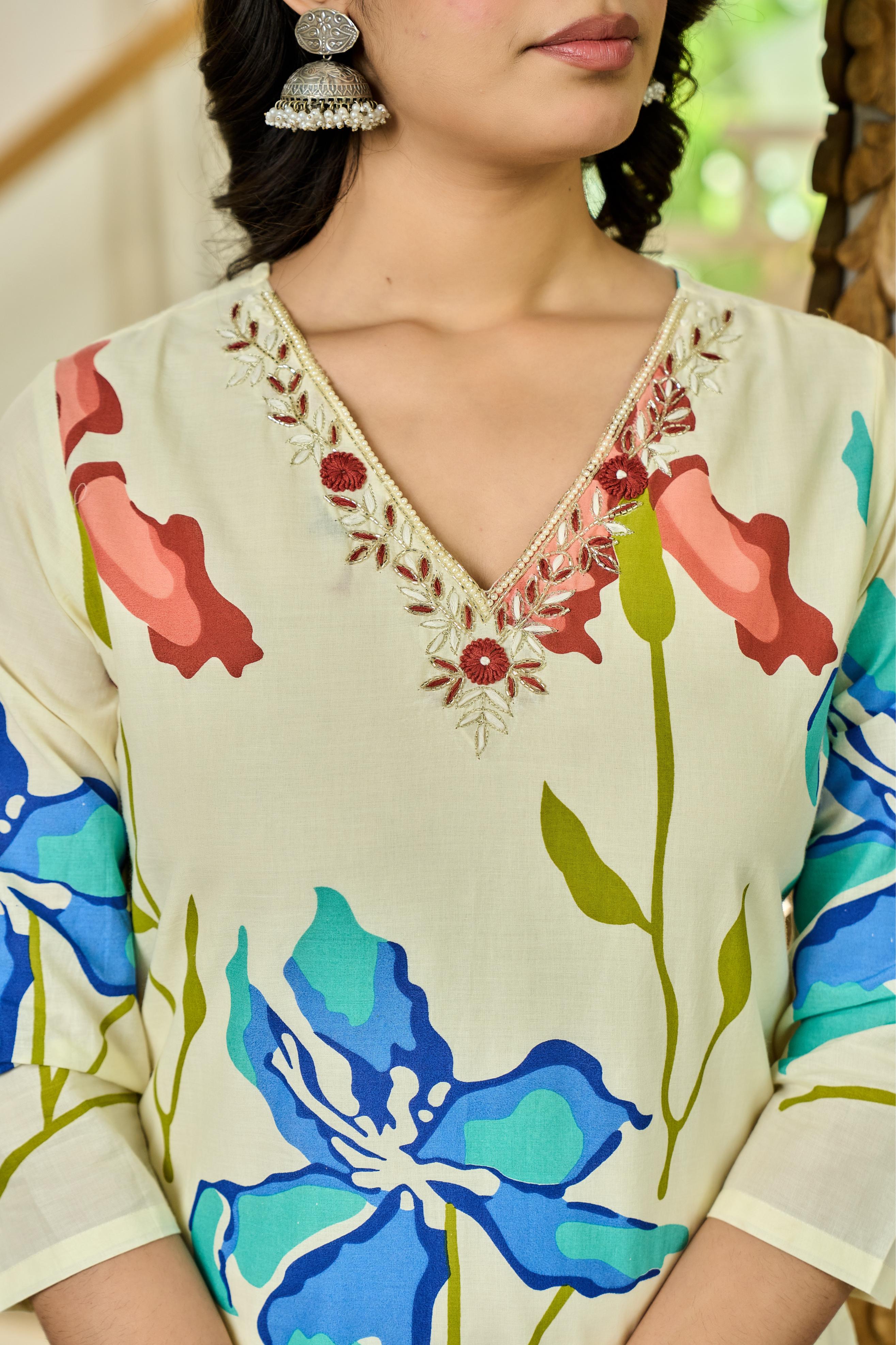 Coralique – Pure Cotton Kurta Set with ADDA Work