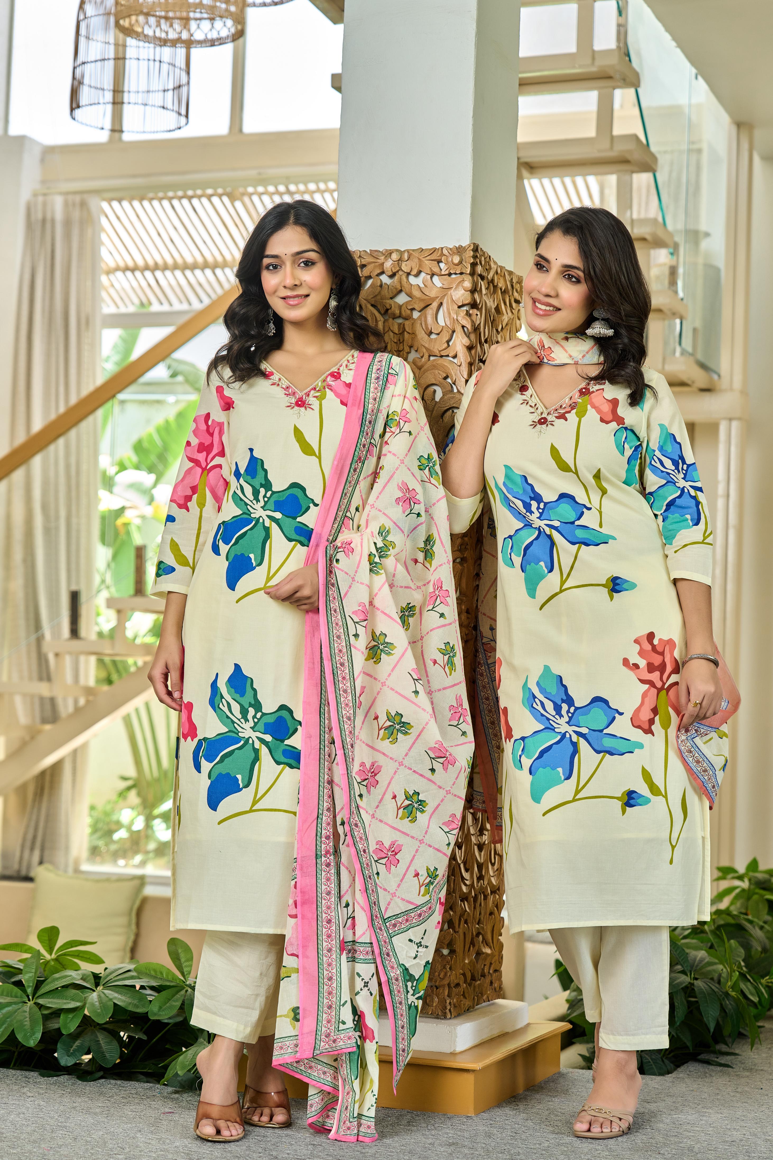 Coralique – Pure Cotton Kurta Set with ADDA Work