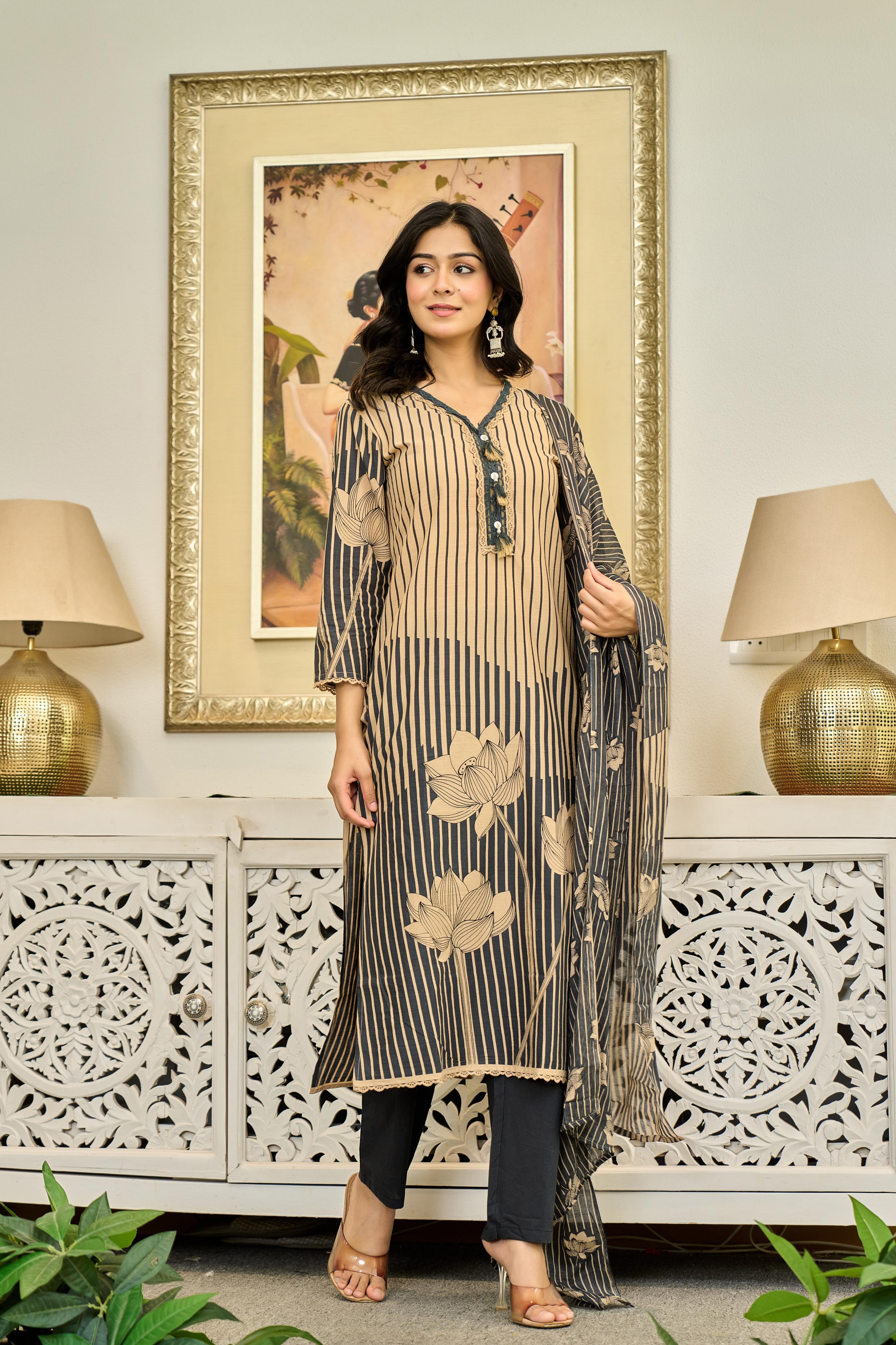 🖤 Lotus Elegance – Premium Cotton Suit Set