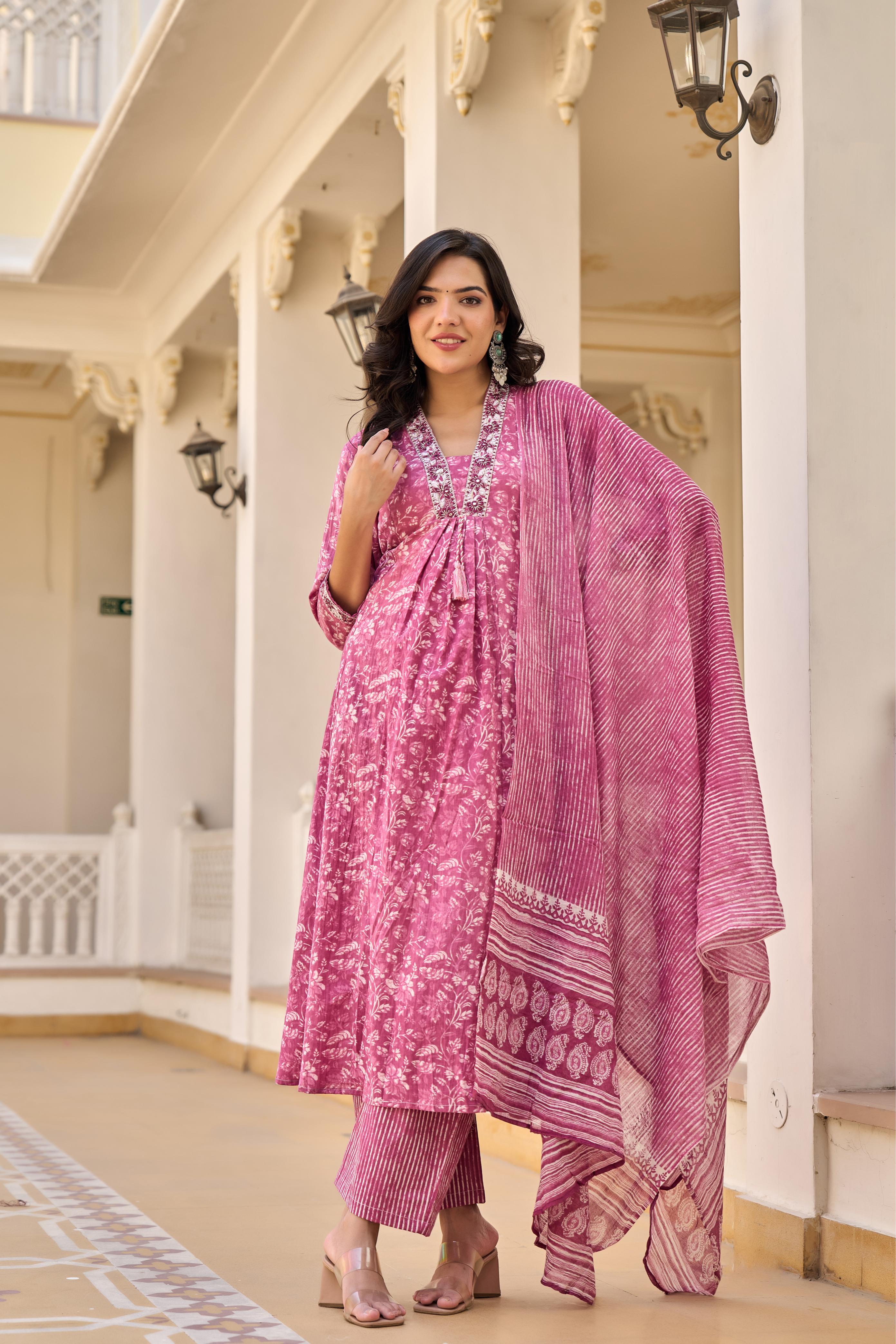 Elegant Pink Floral Cotton Kurta Set with Dupatta