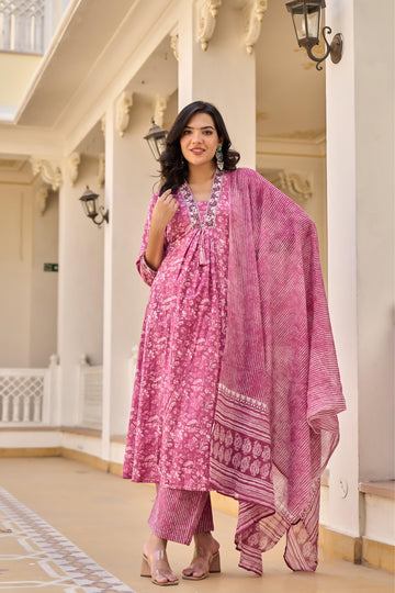 Elegant Pink Floral Cotton Kurta Set with Dupatta