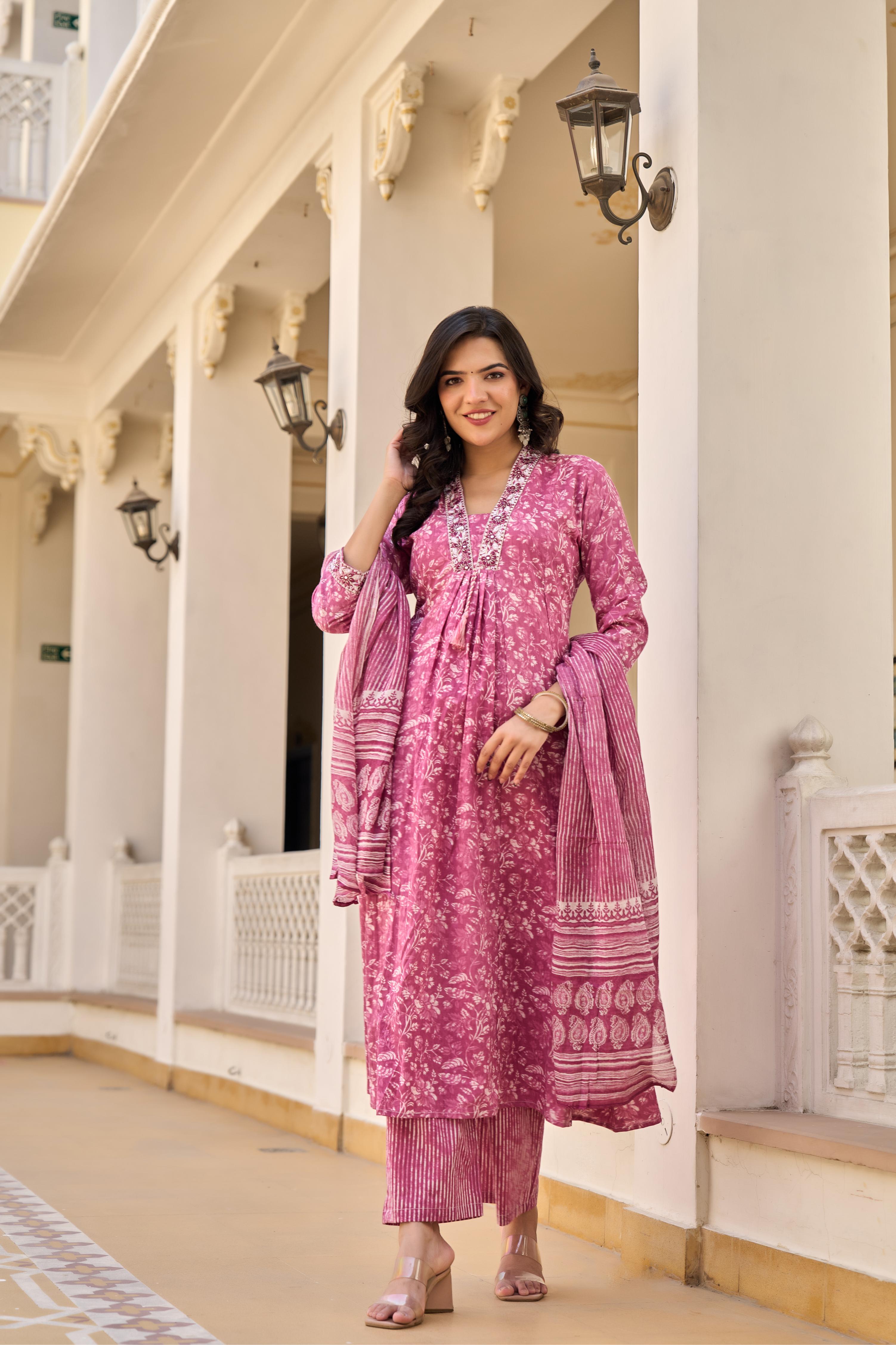 Elegant Pink Floral Cotton Kurta Set with Dupatta