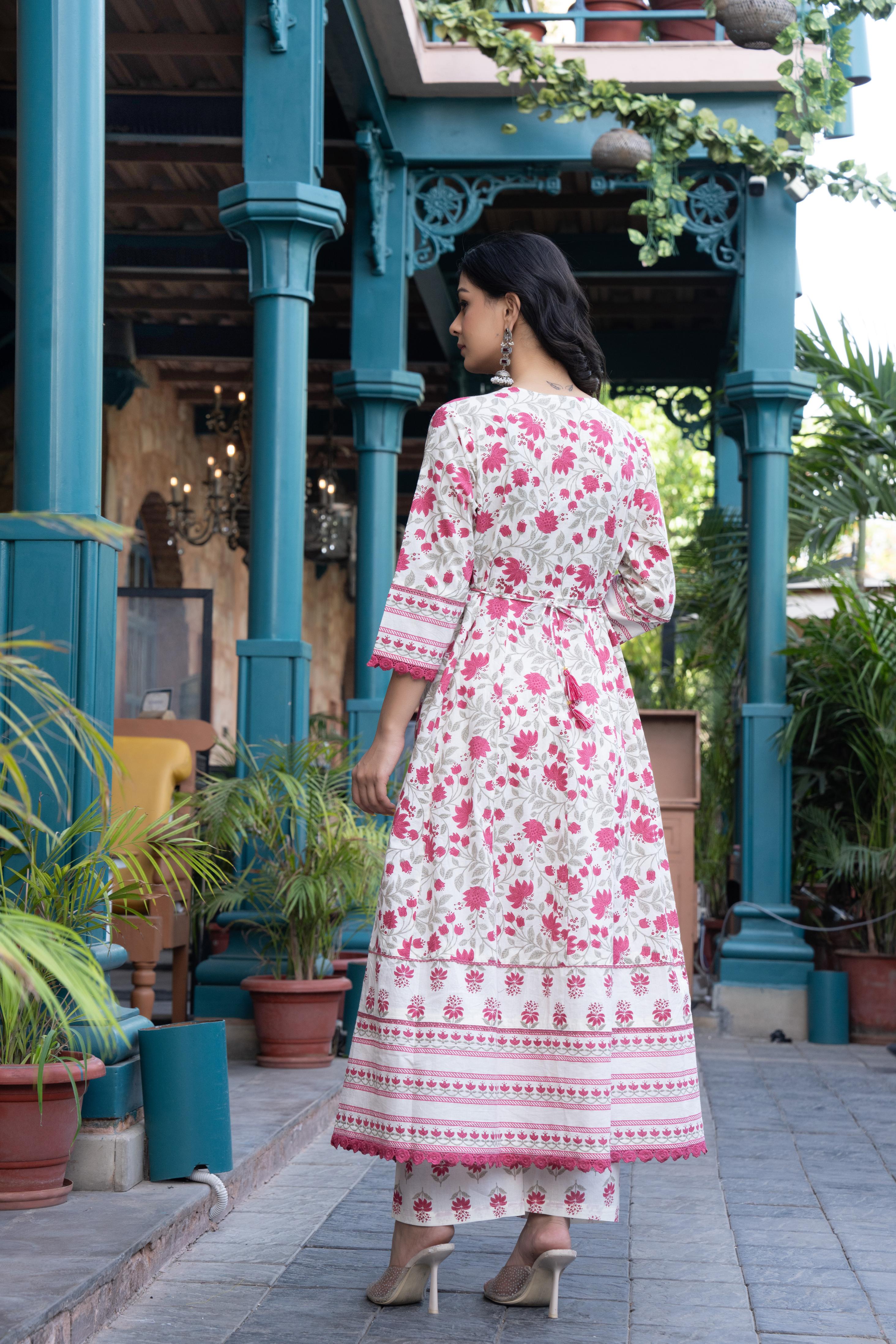 Ziyaana Pink:- Women's Cotton Anarkali Kurta Set with Dupatta | Heavy Embroidered Neck & Sleeves