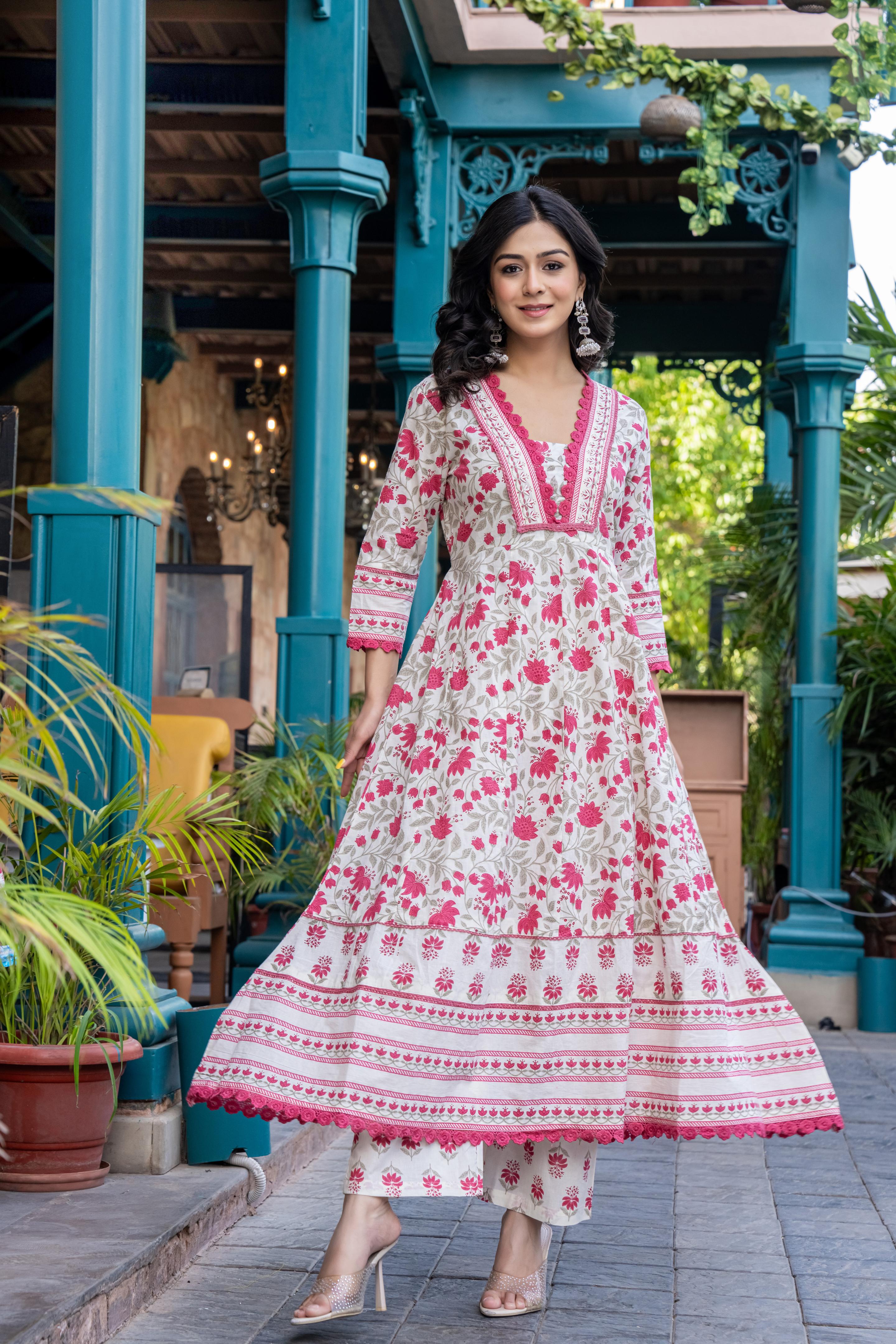 Ziyaana Pink:- Women's Cotton Anarkali Kurta Set with Dupatta | Heavy Embroidered Neck & Sleeves