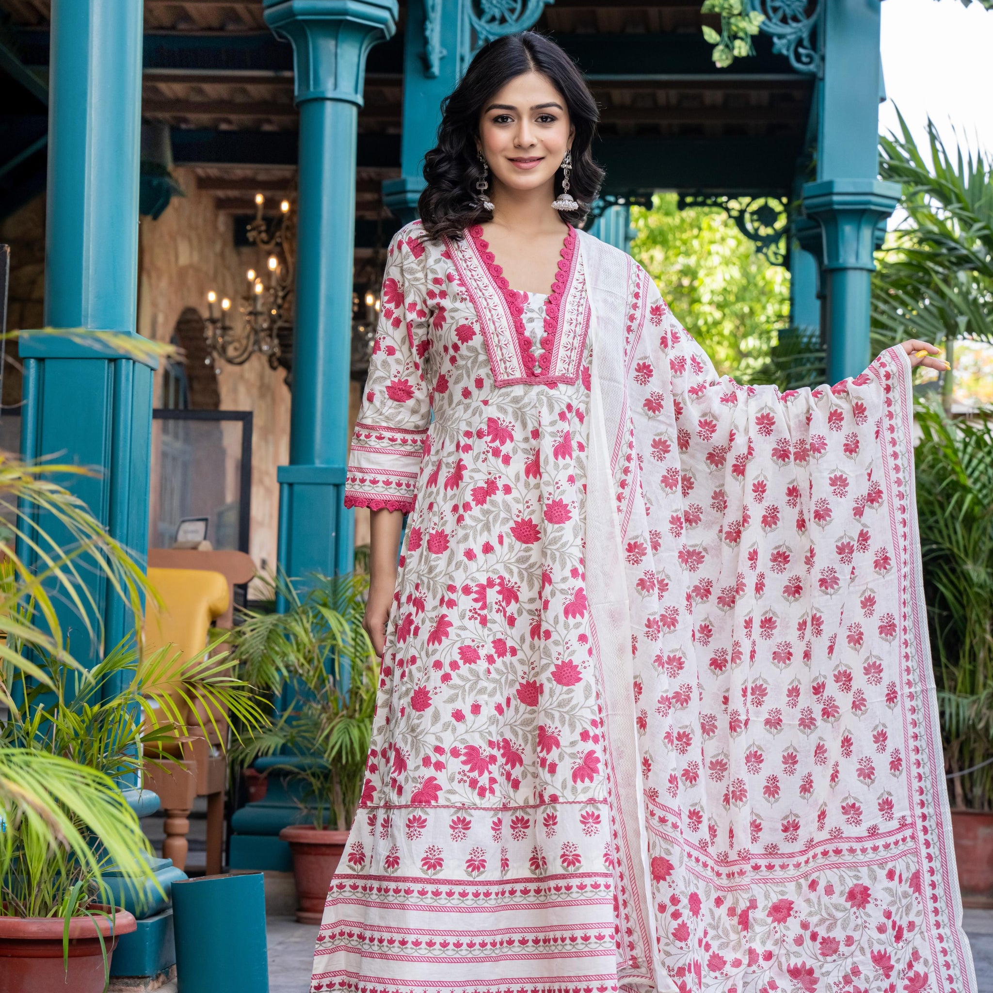 Ziyaana Pink:- Women's Cotton Anarkali Kurta Set with Dupatta | Heavy Embroidered Neck & Sleeves