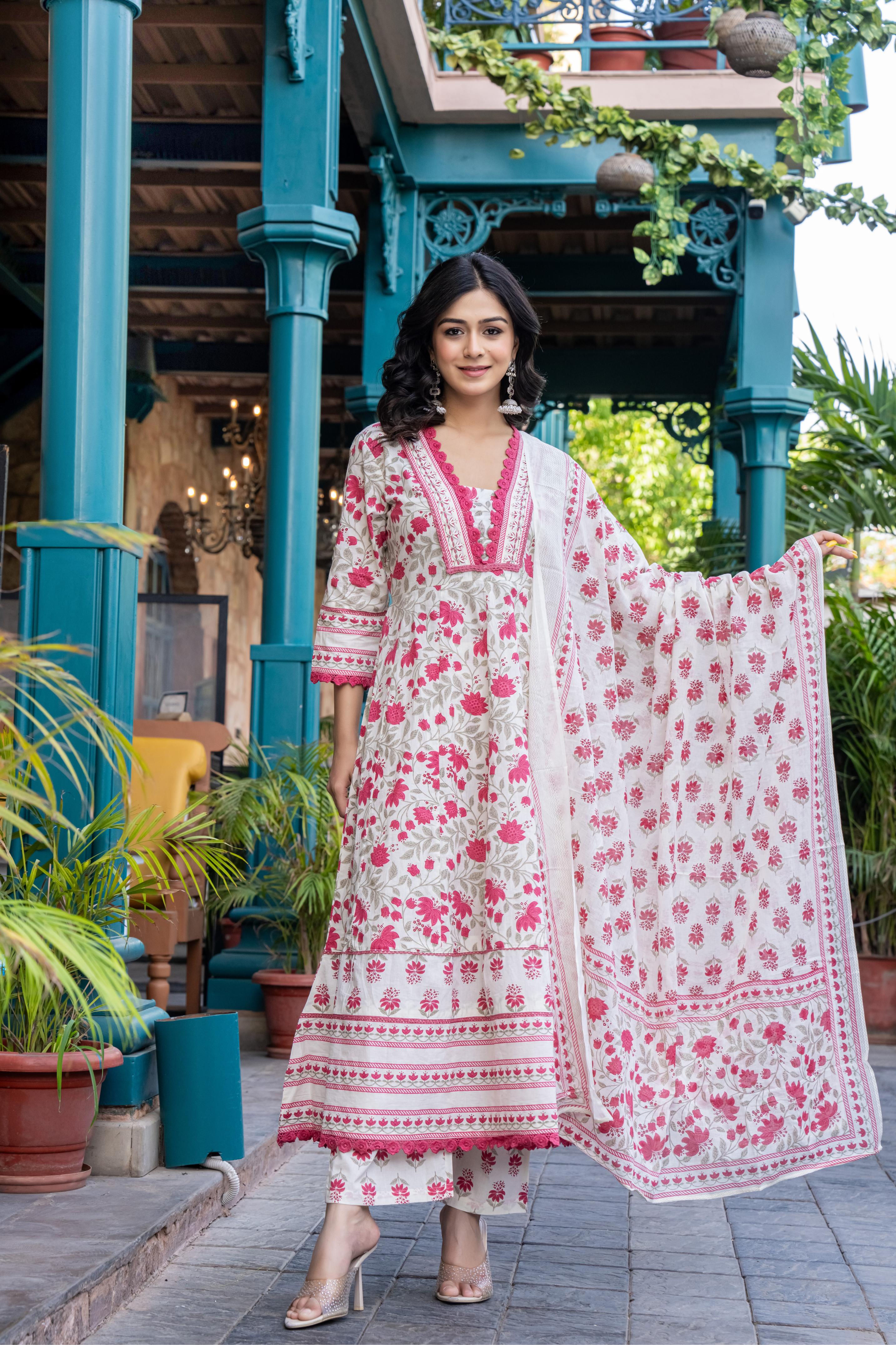 Ziyaana Pink:- Women's Cotton Anarkali Kurta Set with Dupatta | Heavy Embroidered Neck & Sleeves
