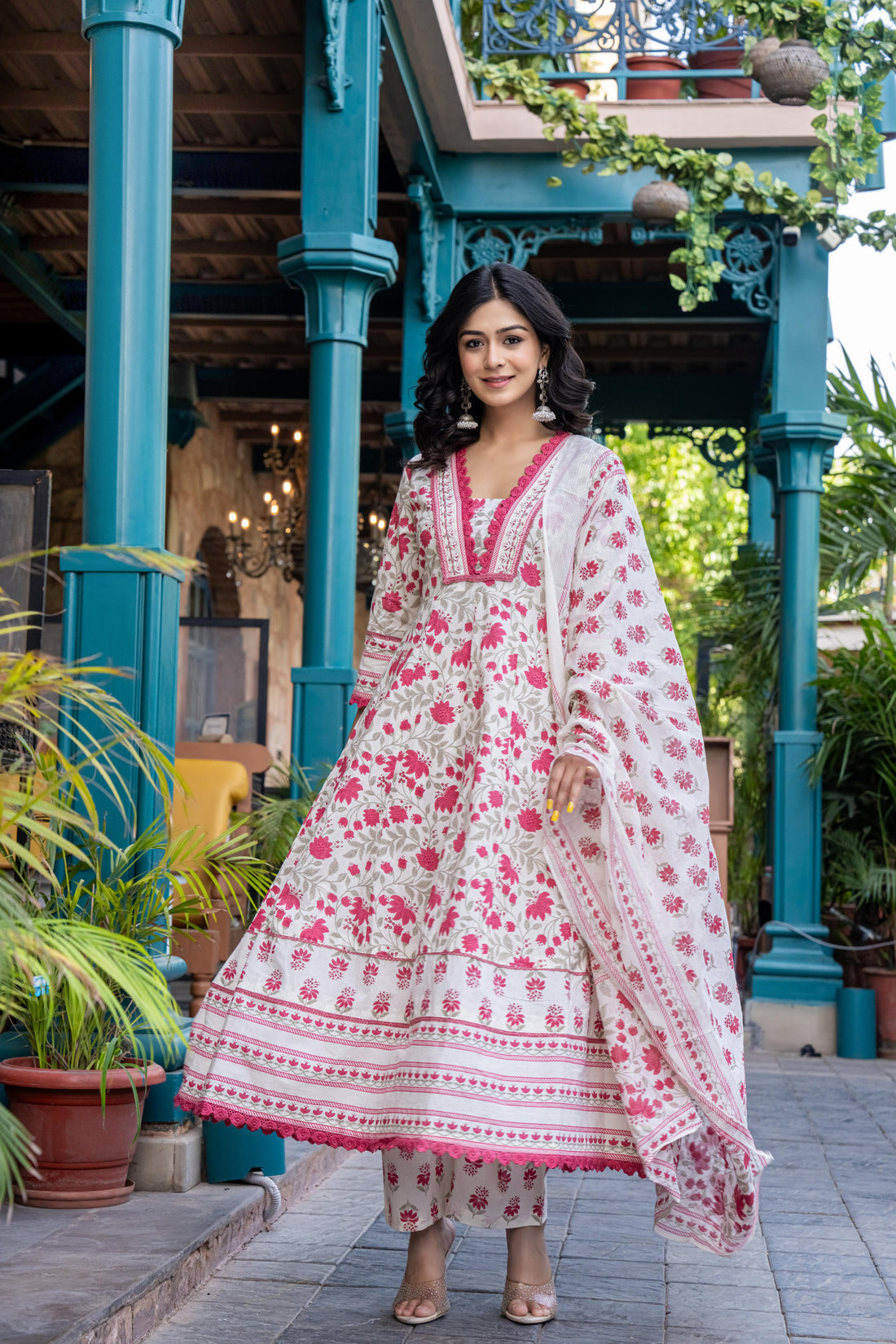 Ziyaana Pink:- Women's Cotton Anarkali Kurta Set with Dupatta | Heavy Embroidered Neck & Sleeves