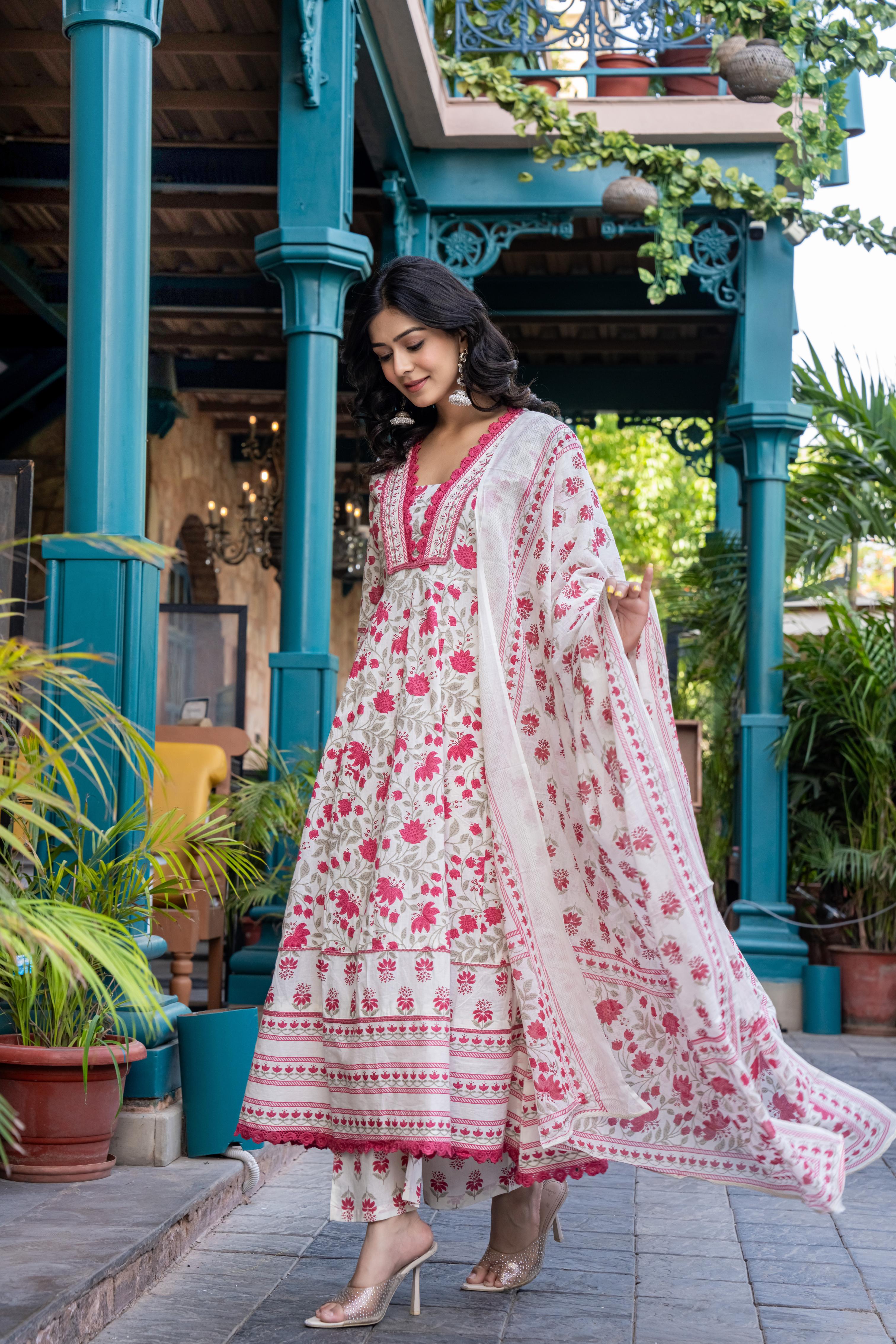 Ziyaana Pink:- Women's Cotton Anarkali Kurta Set with Dupatta | Heavy Embroidered Neck & Sleeves