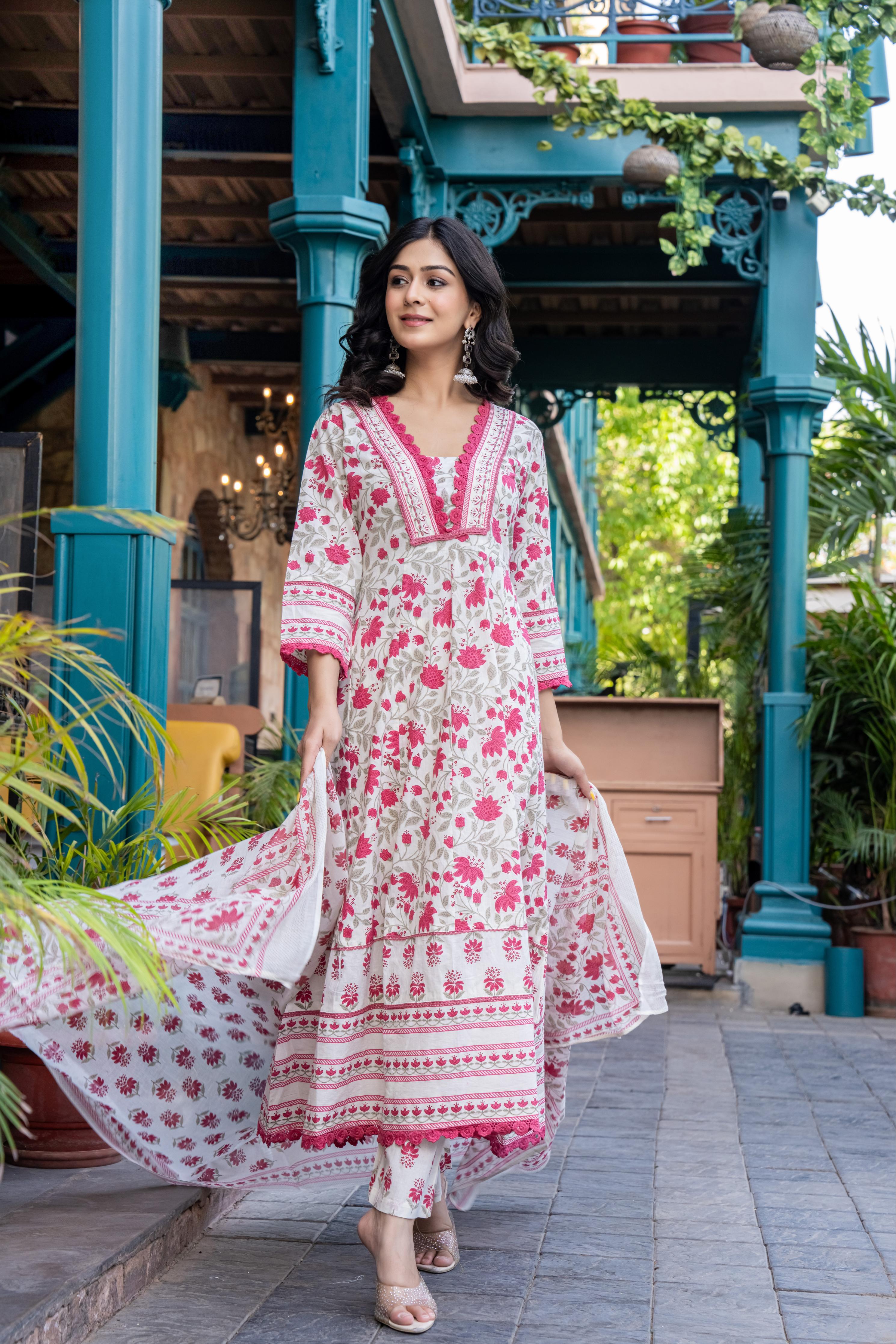 Ziyaana Pink:- Women's Cotton Anarkali Kurta Set with Dupatta | Heavy Embroidered Neck & Sleeves
