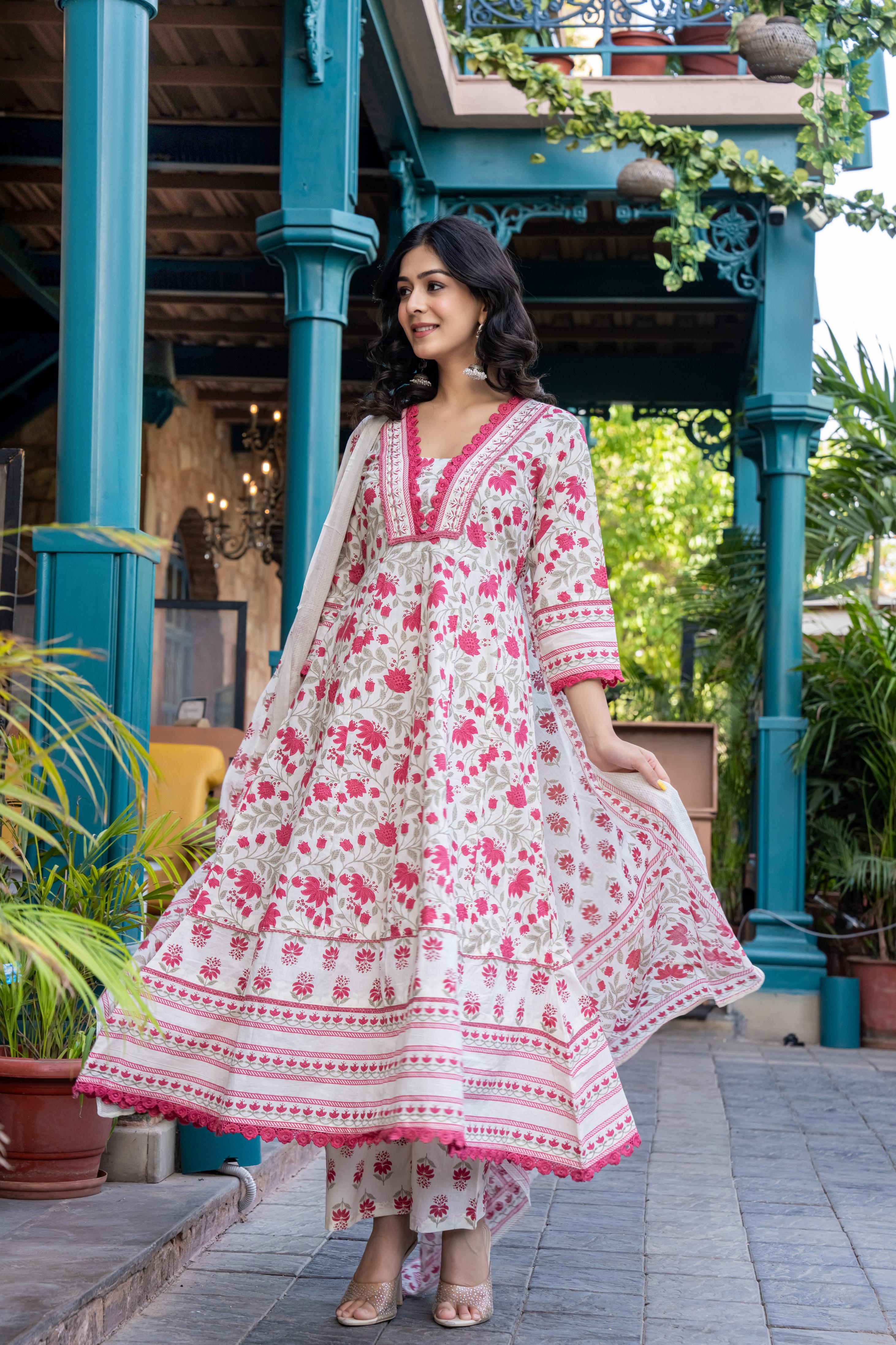 Ziyaana Pink:- Women's Cotton Anarkali Kurta Set with Dupatta | Heavy Embroidered Neck & Sleeves