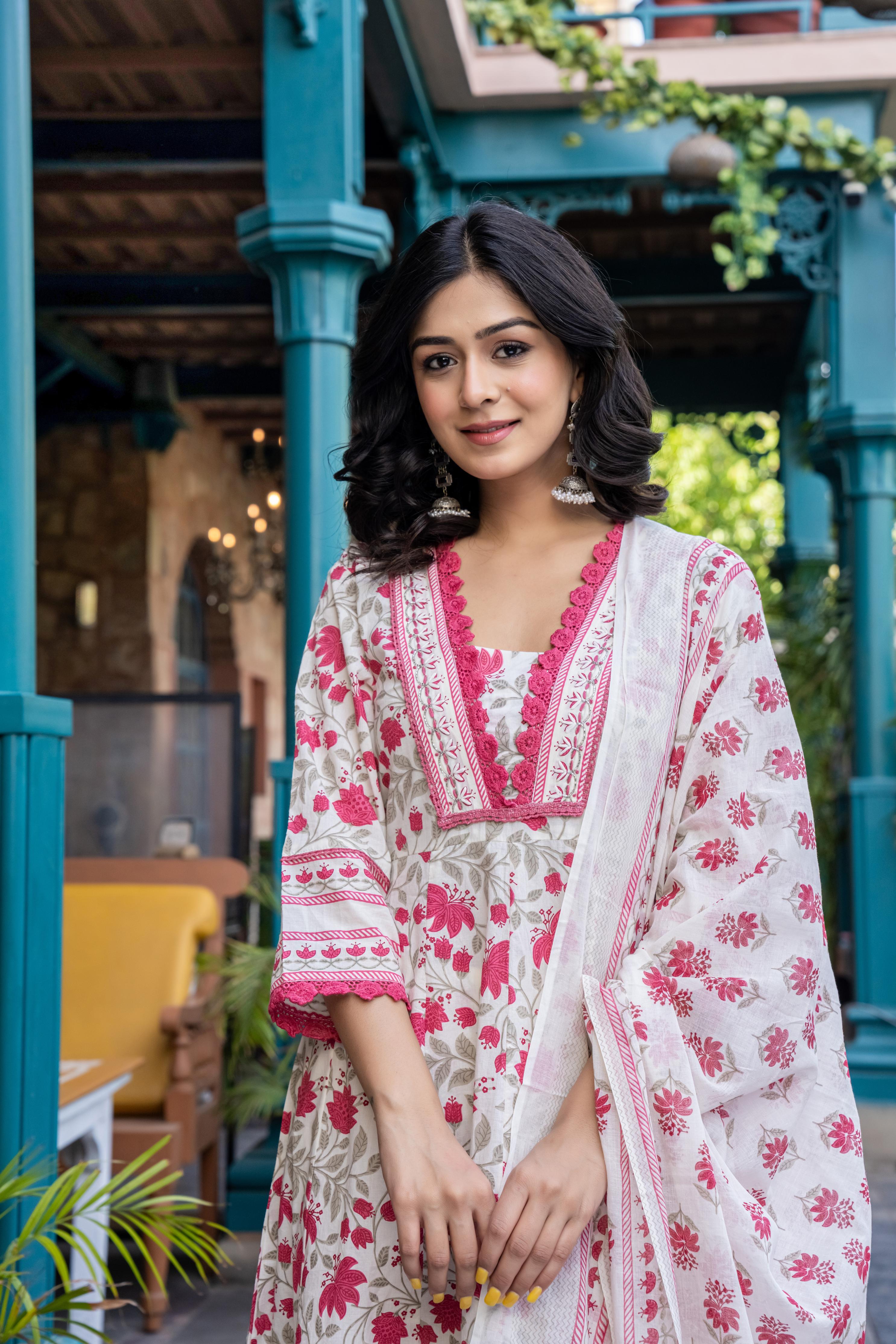 Ziyaana Pink:- Women's Cotton Anarkali Kurta Set with Dupatta | Heavy Embroidered Neck & Sleeves