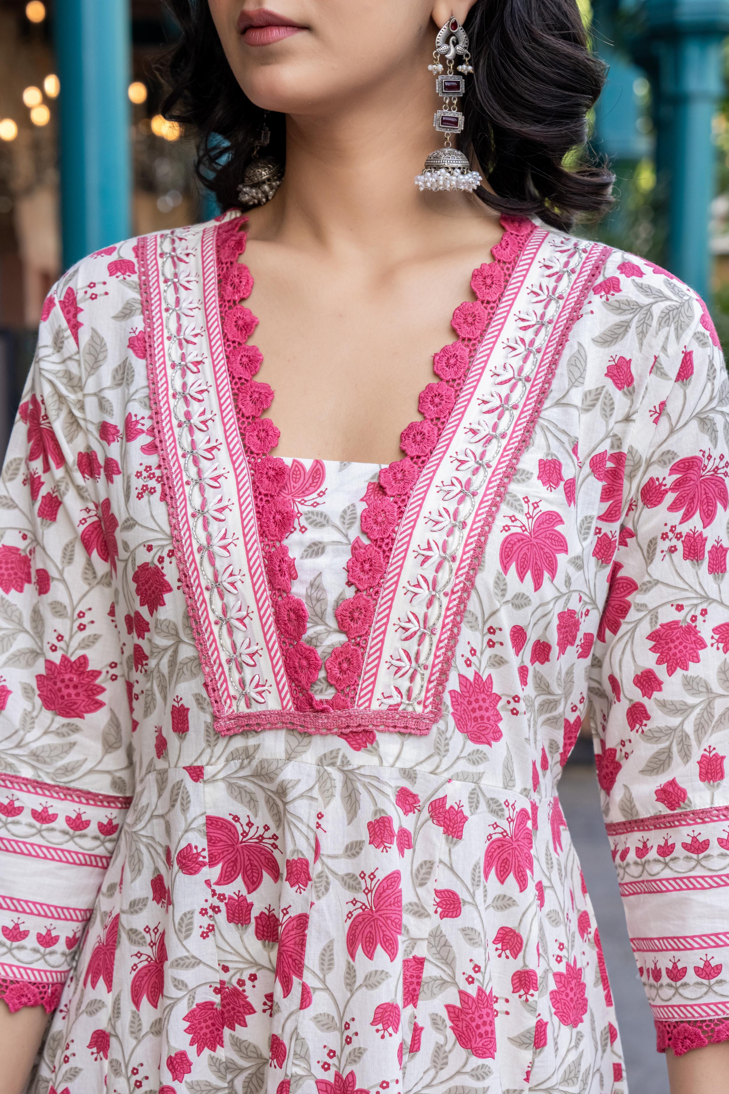 Ziyaana Pink:- Women's Cotton Anarkali Kurta Set with Dupatta | Heavy Embroidered Neck & Sleeves